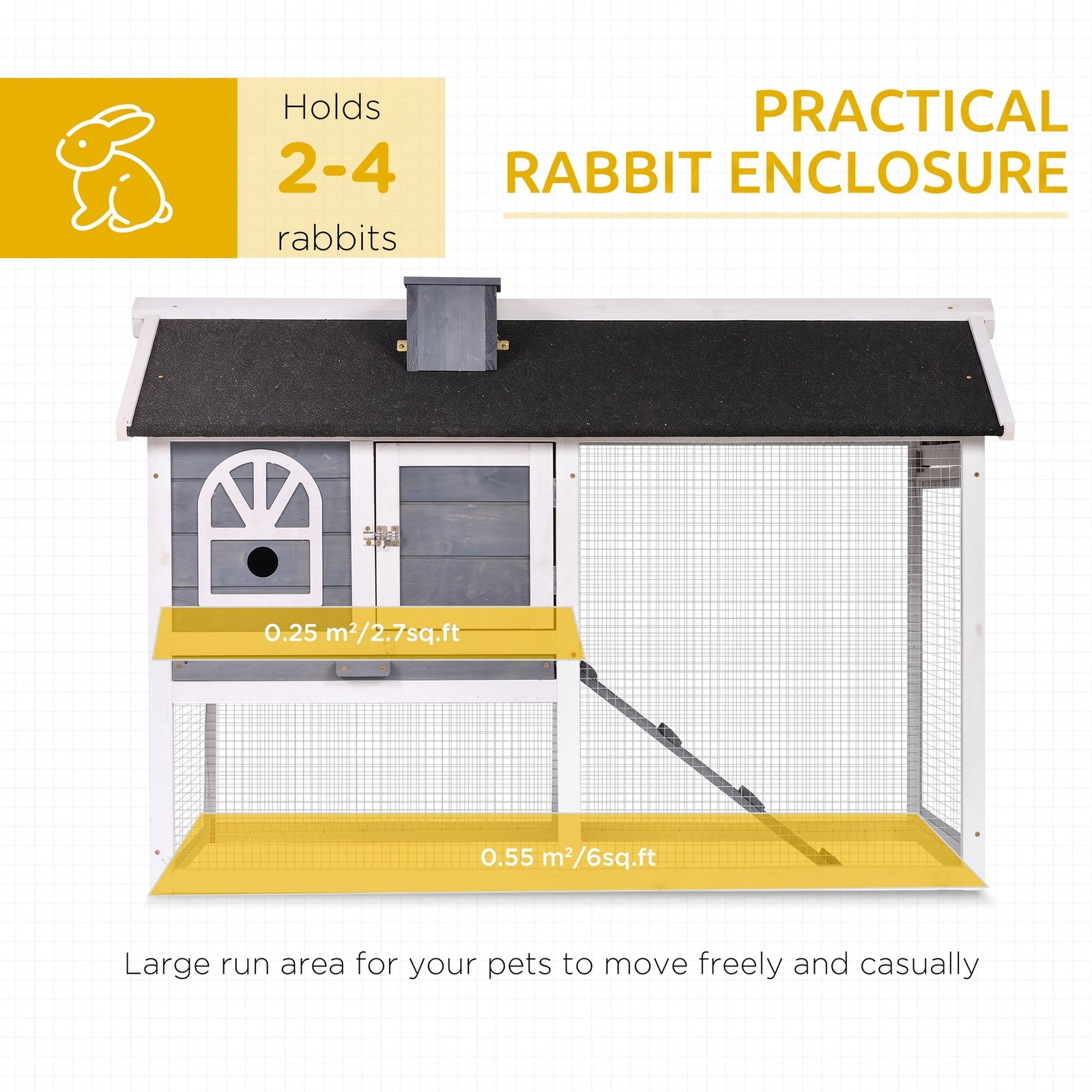 Wooden Rabbit Hutch and Run with Sliding Tray, Ramp, Water-resistant Roof, for 2-4 Rabbits, Grey