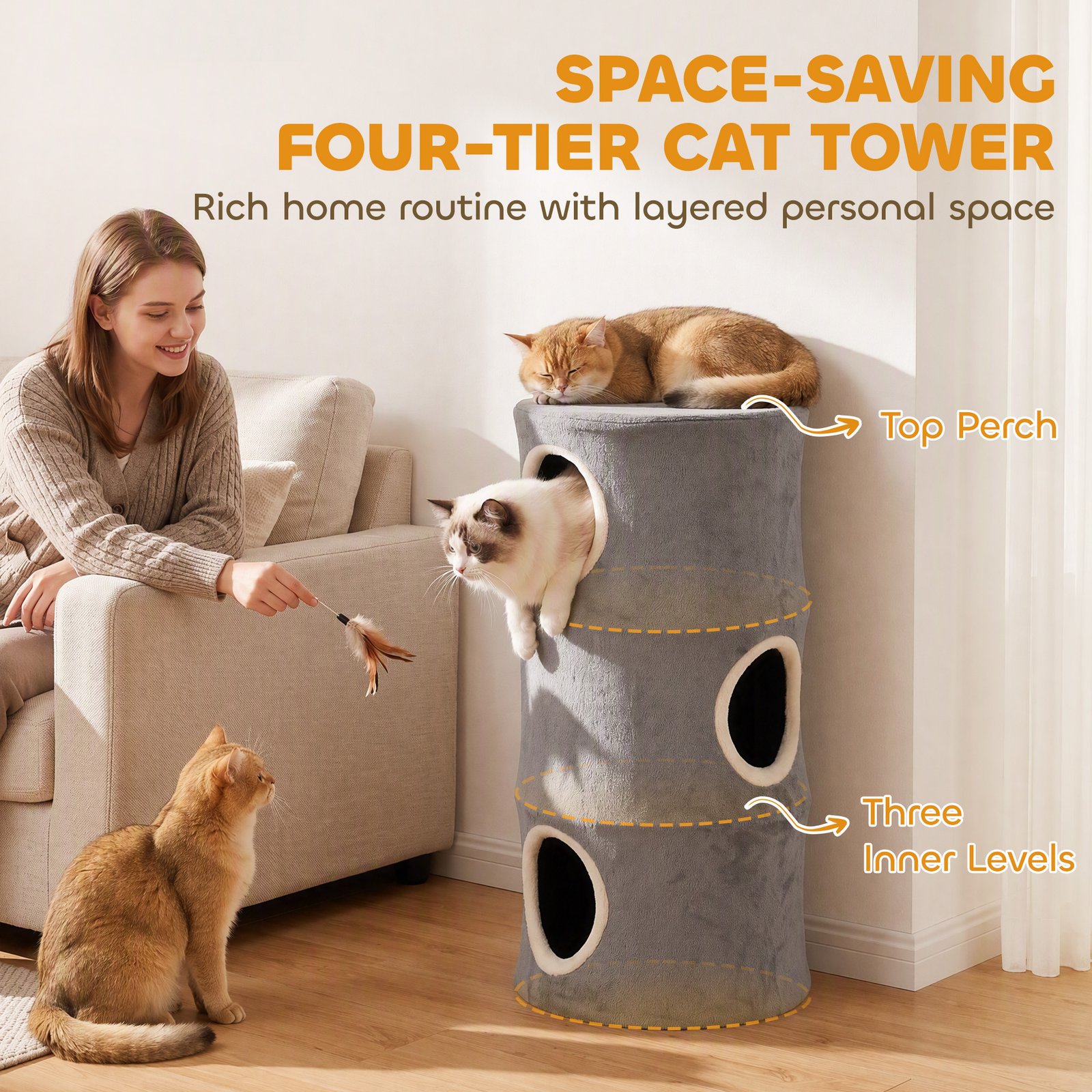 Cat House for Indoor Kittens, Cat Condo with Removable Washable Cover, Modern Barrel-Shaped Kitty Cave Bed