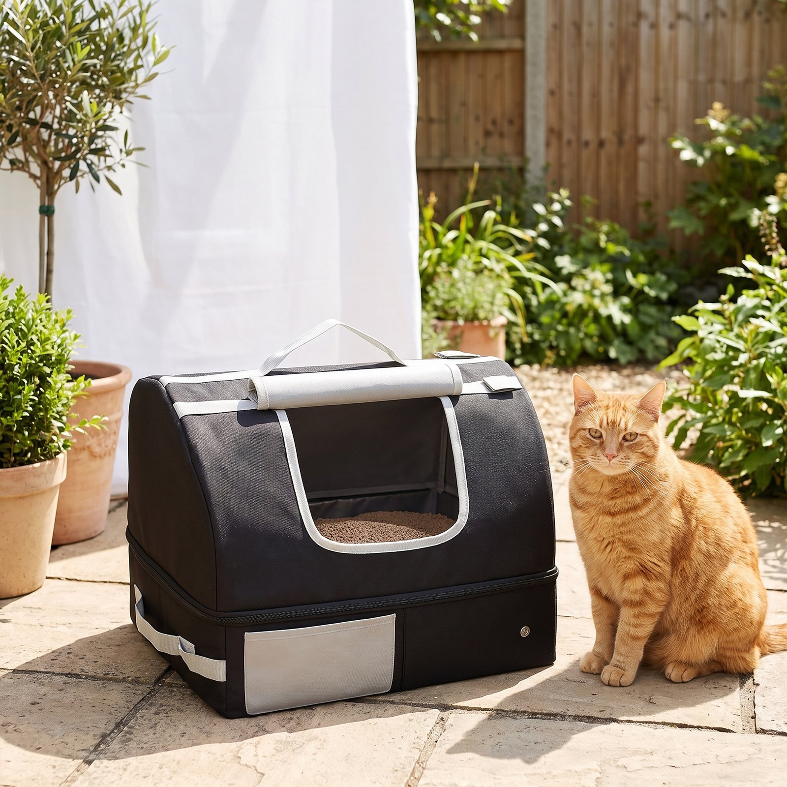 Portable Cat Litter Box with Zipper & Lid for Travel, Foldable Cat Travel Litter Tray, Black