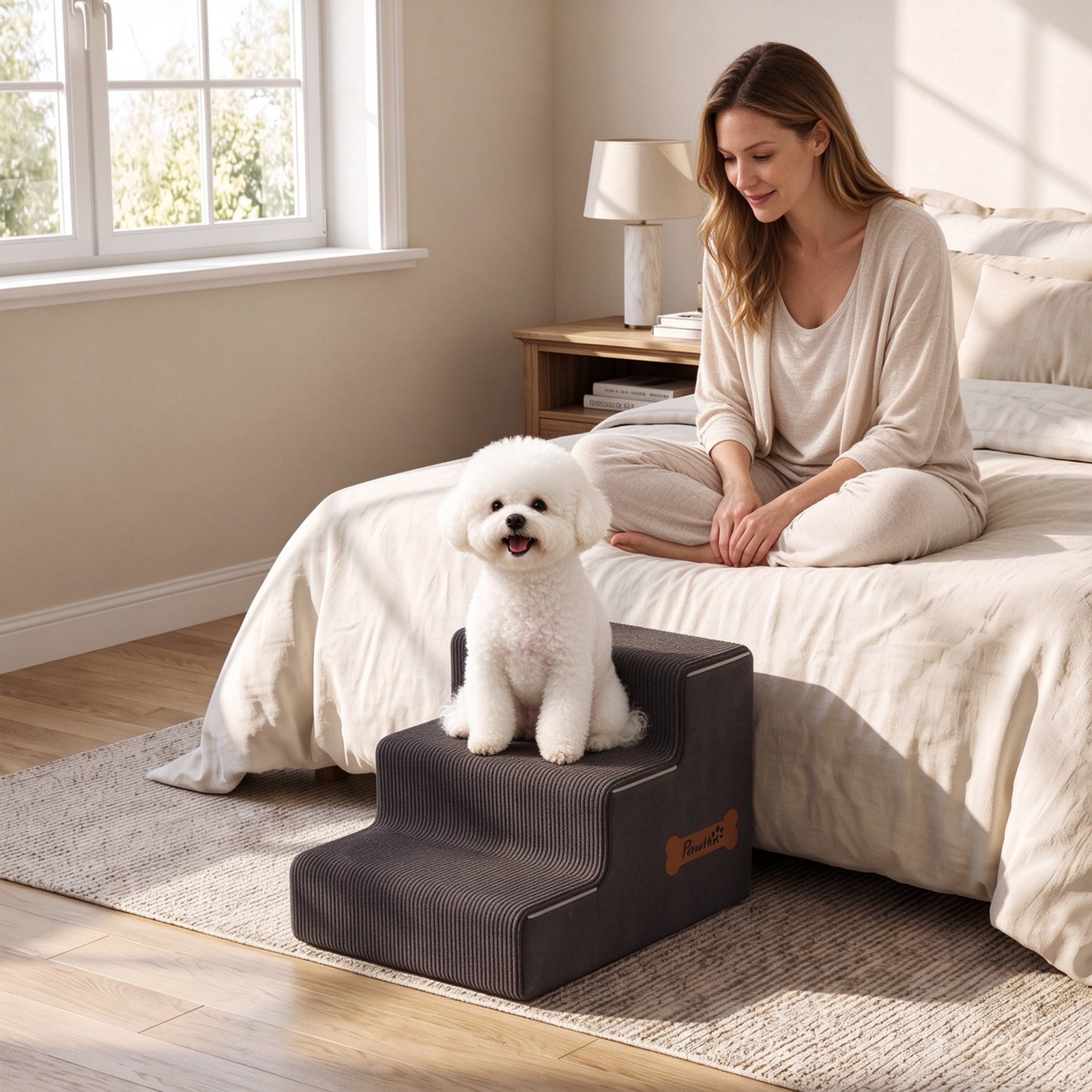Dog Steps, 3-Step Dog Stairs for Bed and Sofa, Pet Stairs with Carry Handle, Washable Cover