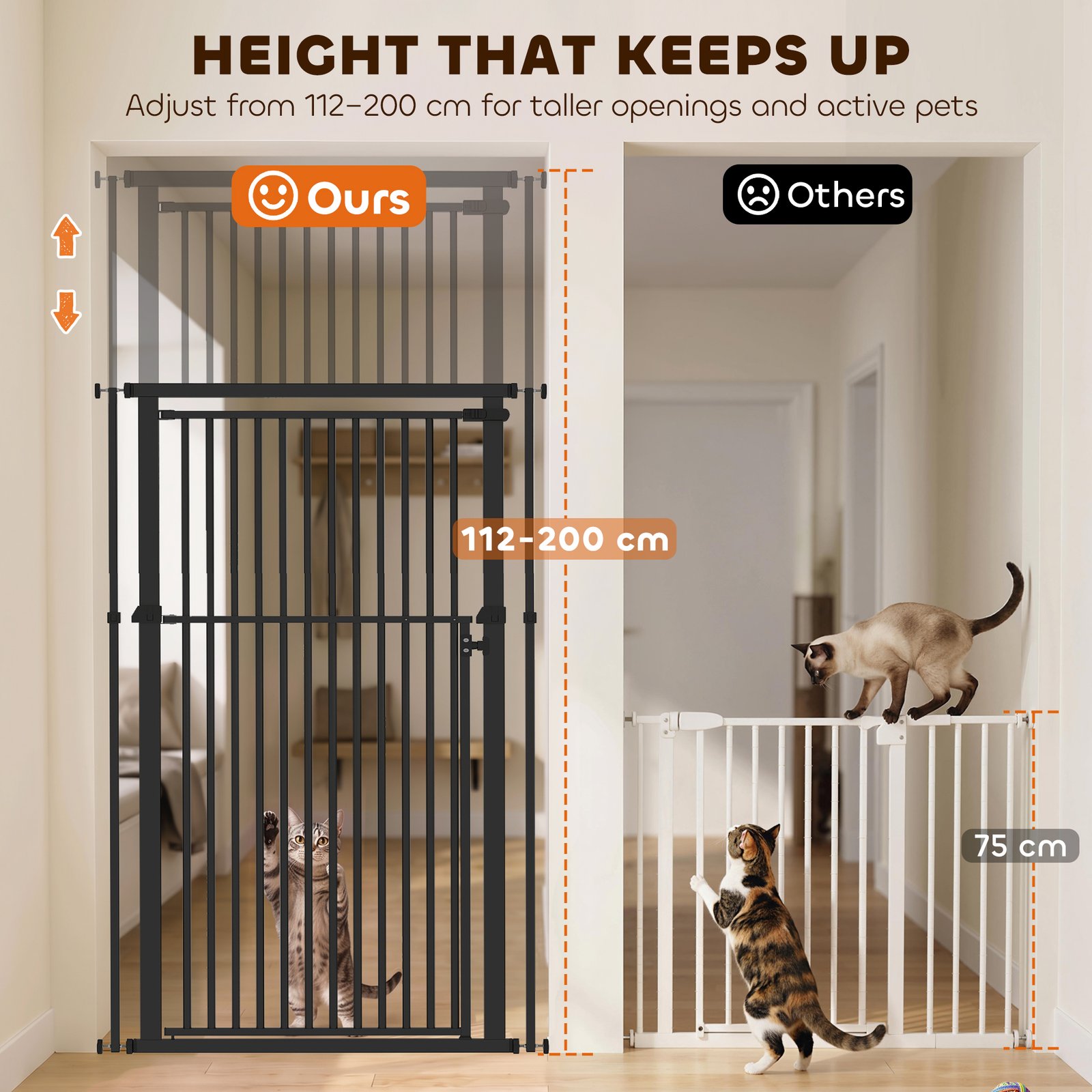 Extra Tall Pet Gate, Baby Gate w/ 112-200cm Adjustable Height, Two-Way Open, No-Drill, Fits 76-80cm & 81-85cm Door Black