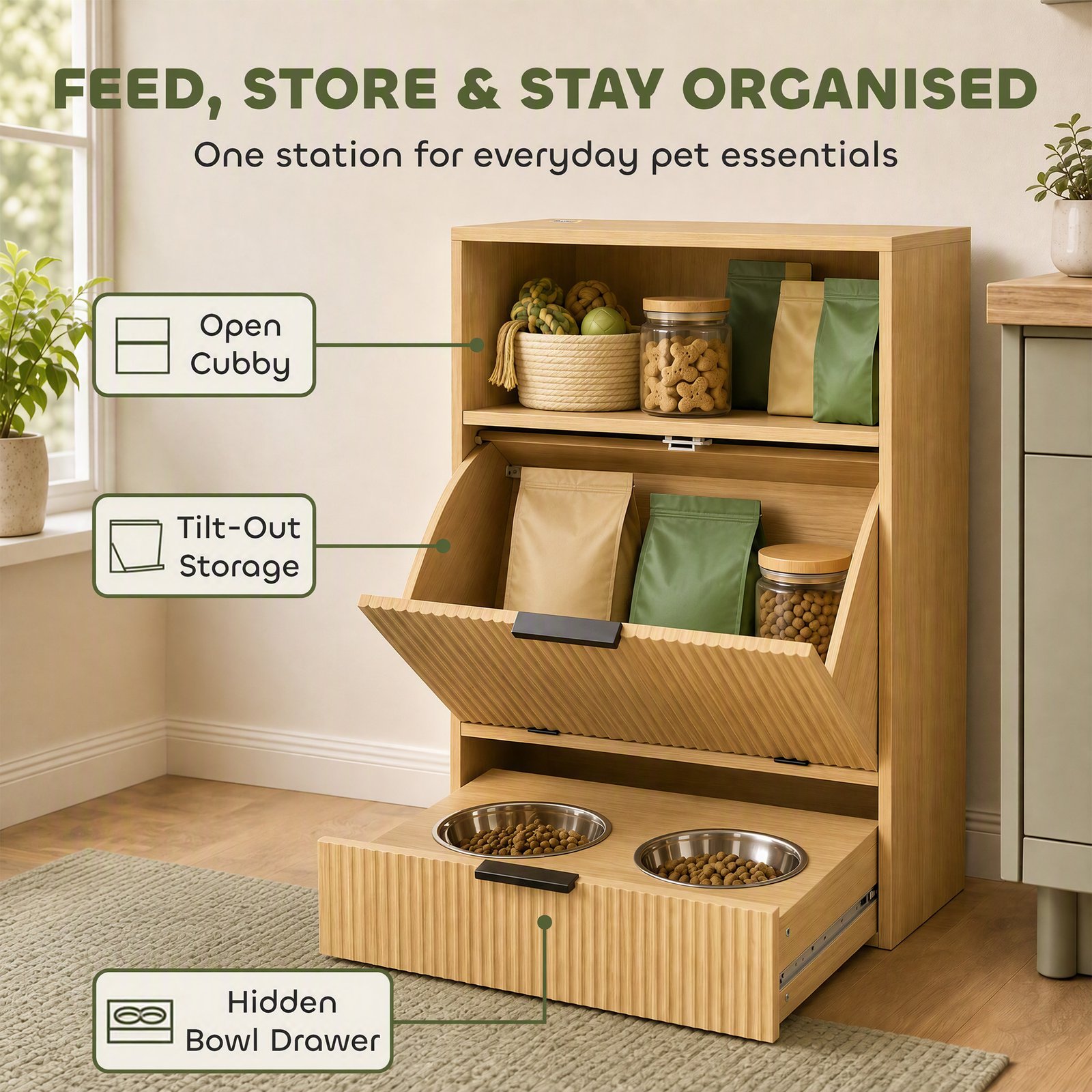 Pet Feeder Station with Storage, Dog Food Storage Container w/ 2 Raised Bowls, Tilt Out Cabinet, Slow Feeder Mat
