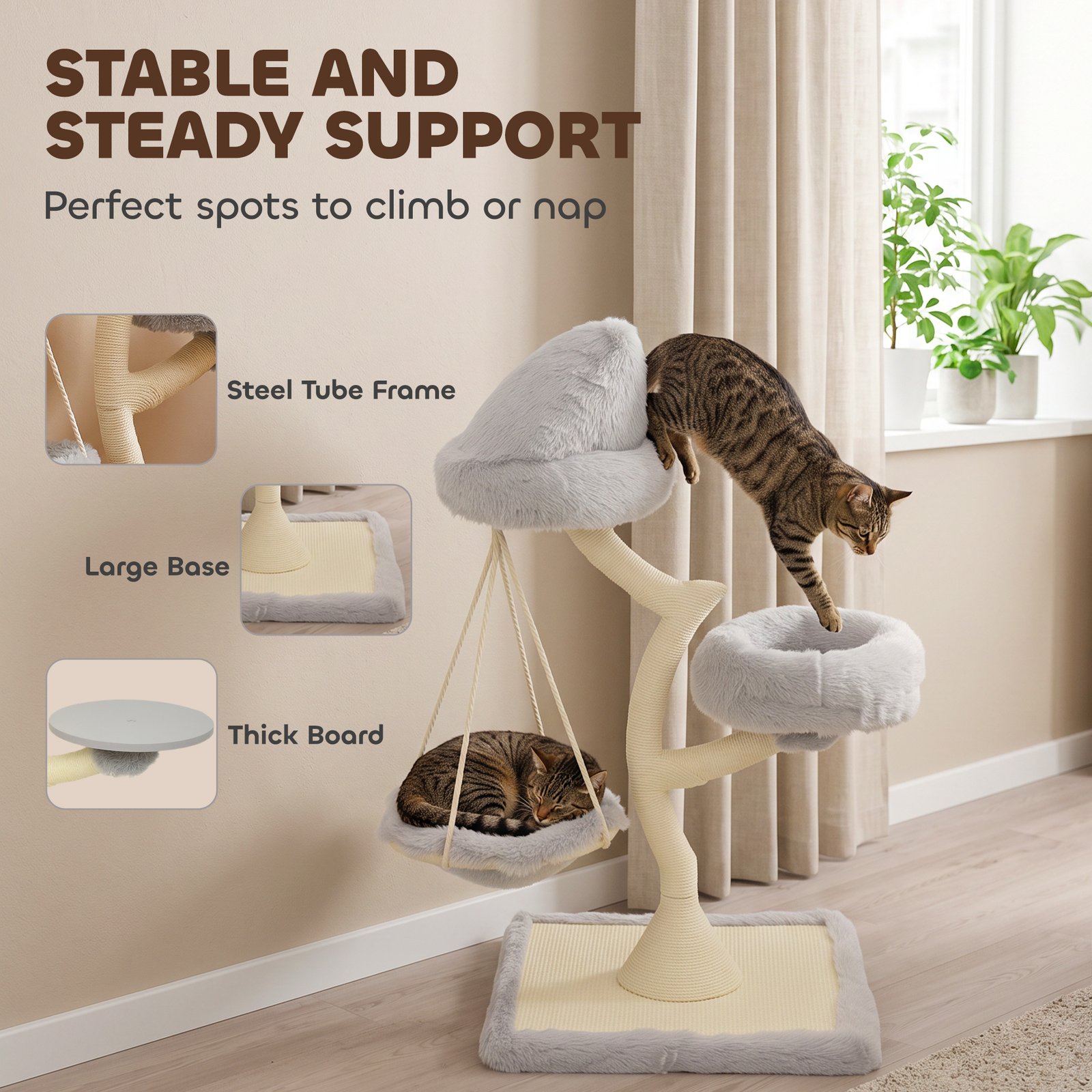 115 cm Modern Cat Tree Tower for Large Cats with Sisal Scratching Post, Holds 1 Cat up to 6kg, Machine-Washable Beds