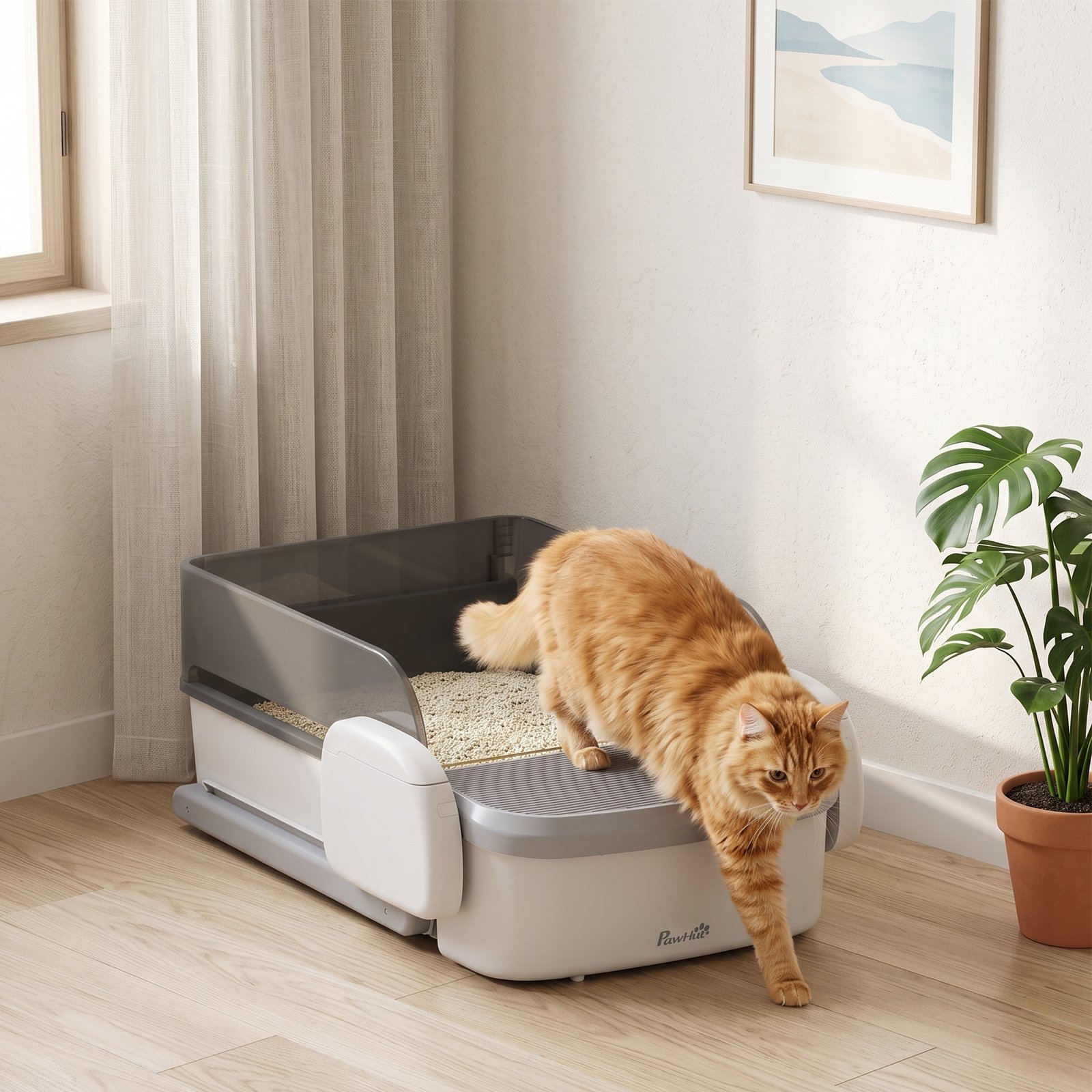 Self Cleaning Cat Litter Tray, Open-Top Automatic Litter Box with APP Control, Clumping Rake, 10L Waste Bin