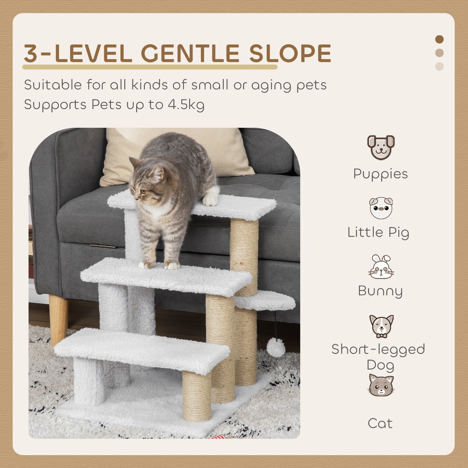 Pet Stair with 3-step Climb Ladder, Scratching Posts, Platforms, Toy Ball, for Indoor Elderly Cats Kittens, White