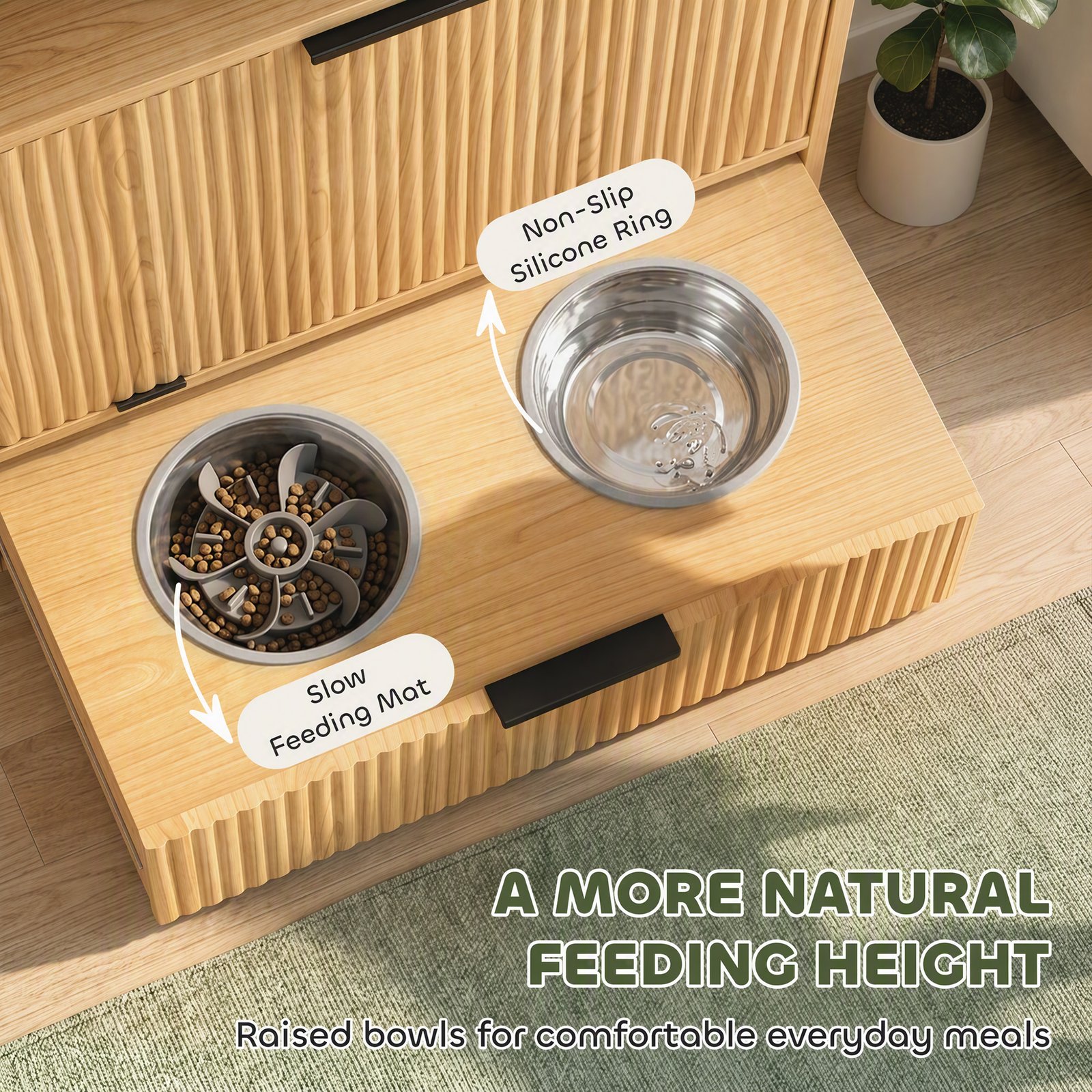 Pet Feeder Station with Storage, Dog Food Storage Container w/ 2 Raised Bowls, Tilt Out Cabinet, Slow Feeder Mat