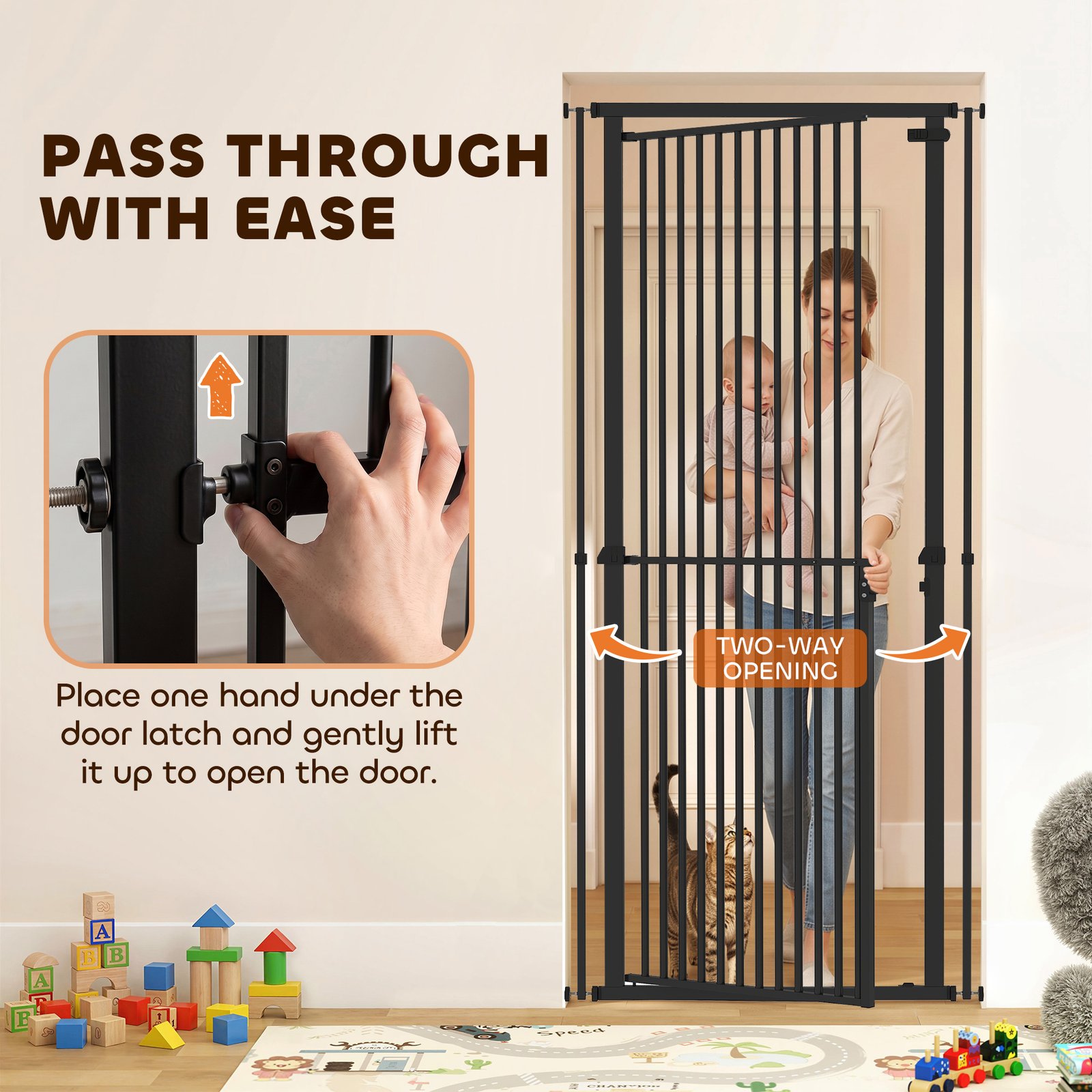 Extra Tall Pet Gate, Baby Gate w/ 112-200cm Adjustable Height, Two-Way Open, No-Drill, Fits 76-80cm & 81-85cm Door Black
