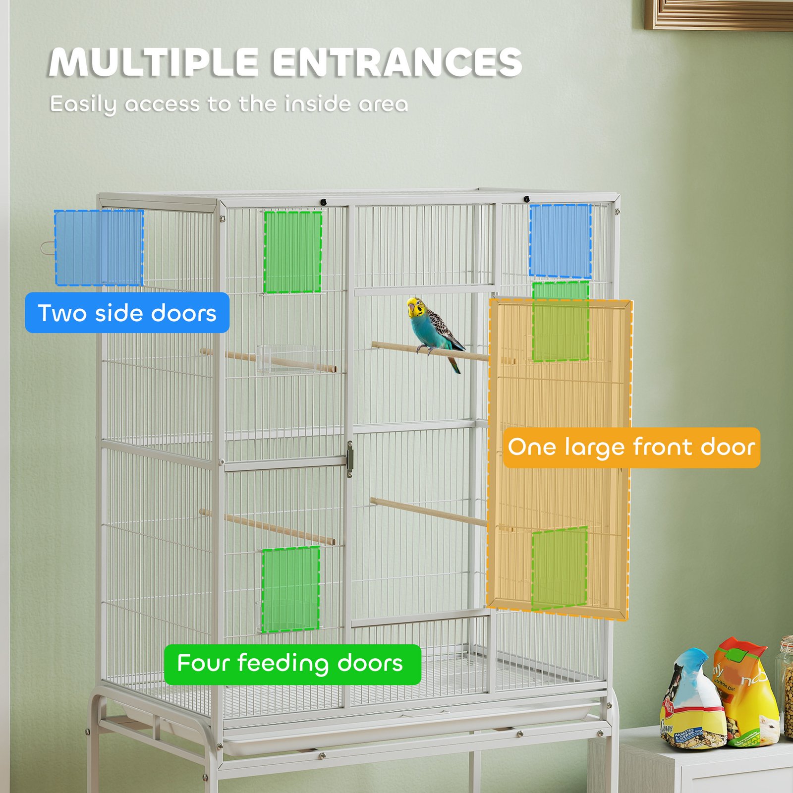 Large Bird Cage Budgie Cage with Stand, Storage Shelf, Wood Perch for Parrot, 81 x 48 x 162.5 cm, White