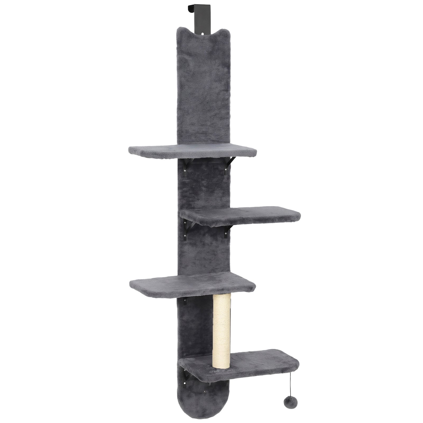 Door Hanging Cat Shelf, 4-Level Over Door Cat Climber with Platforms, Scratching Post and Hanging Ball, Dark Grey