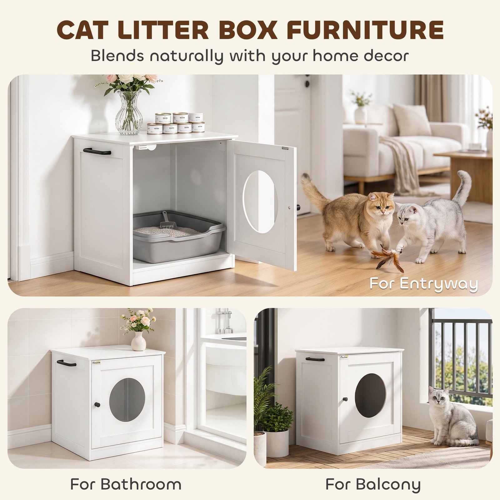Cat Litter Box Enclosure, Hidden Litter Box Furniture with Side Hook, Wooden Cat Washroom Storage Cabinet, White