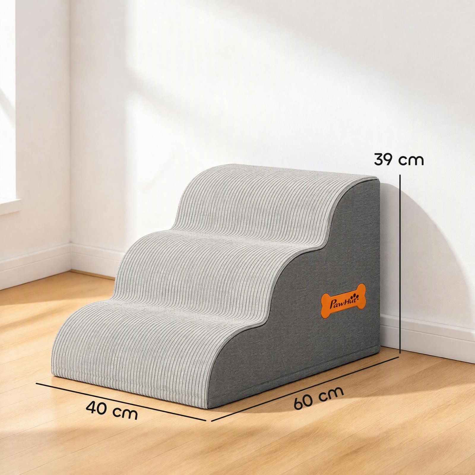 Dog Steps for Bed and Sofa, 3-Step Non-Slip Dog Stairs with Removable Washable Cover, Carry Handle, Light Grey