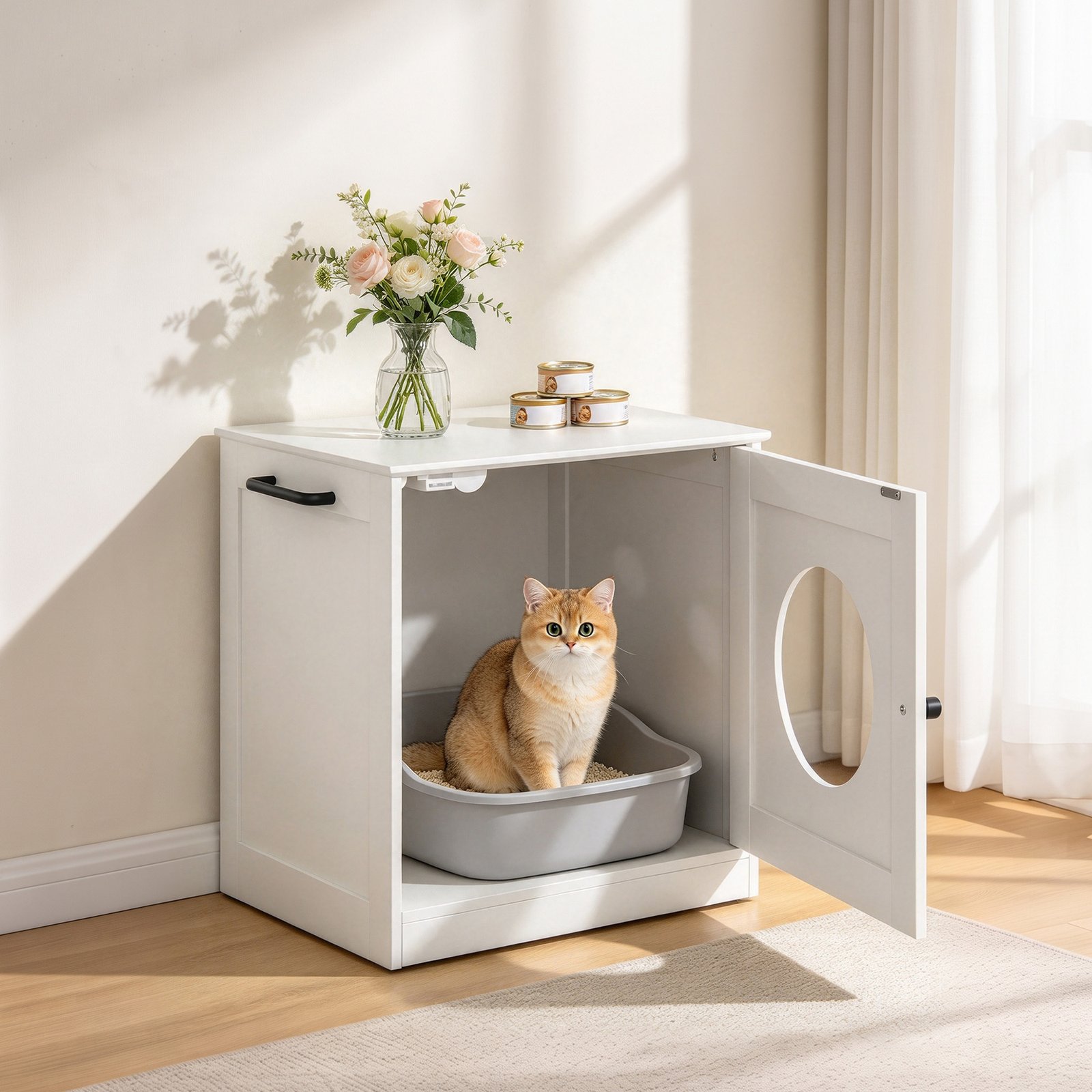 Cat Litter Box Enclosure, Hidden Litter Box Furniture with Side Hook, Wooden Cat Washroom Storage Cabinet, White