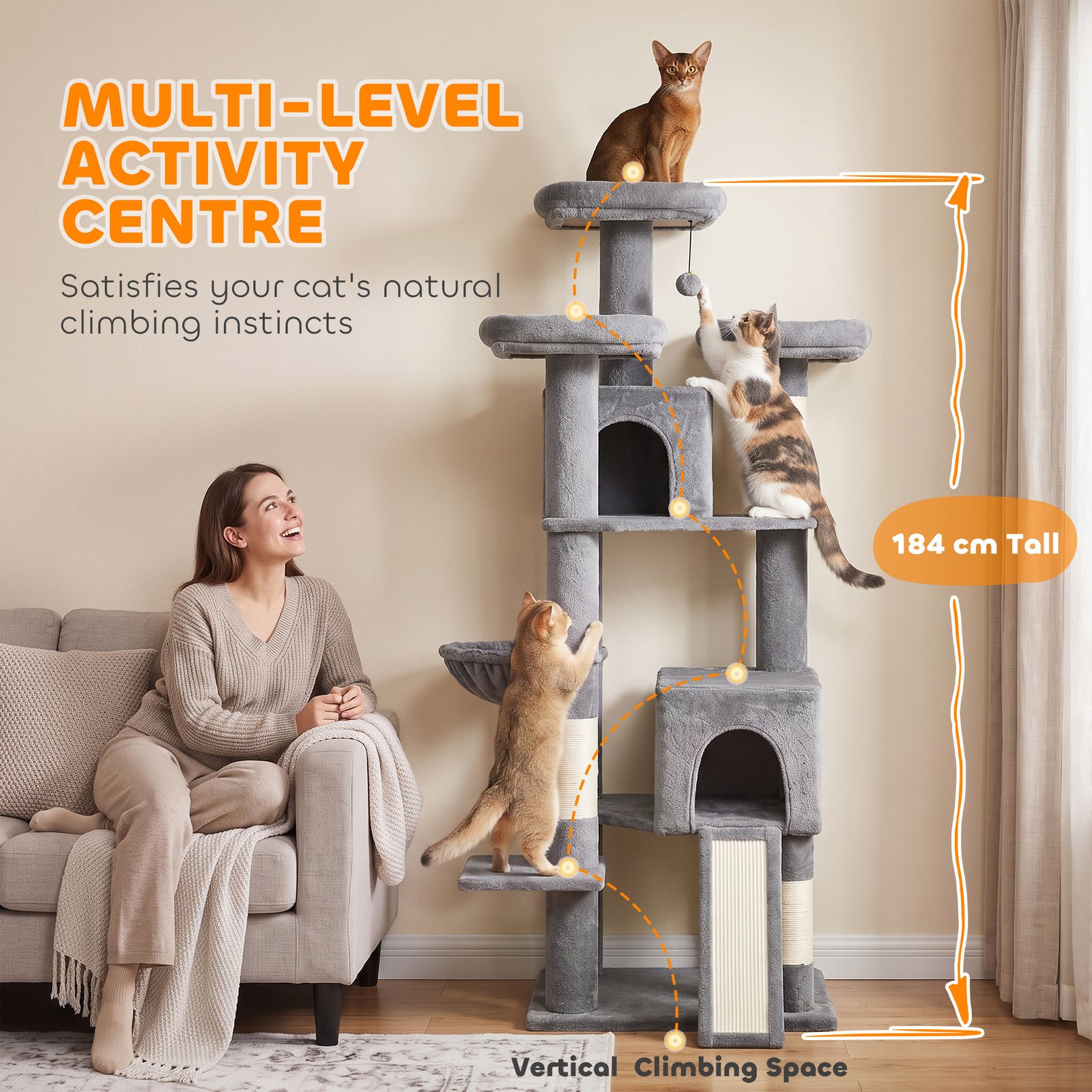 184cm Large Cat Tree for Indoor Cats, Multi-Level Tall Kitty Tower with 3 Scratching Posts, 2 Condos, 3 Padded Beds