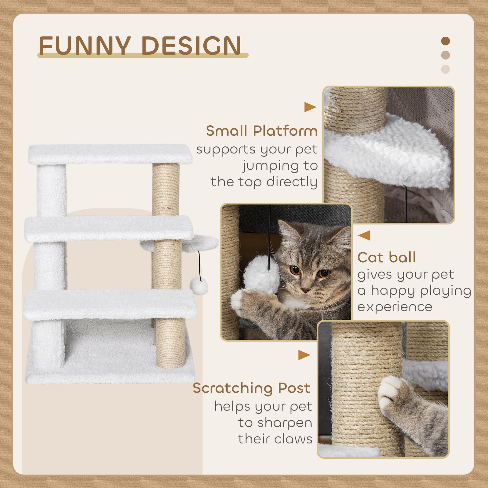 Pet Stair with 3-step Climb Ladder, Scratching Posts, Platforms, Toy Ball, for Indoor Elderly Cats Kittens, White
