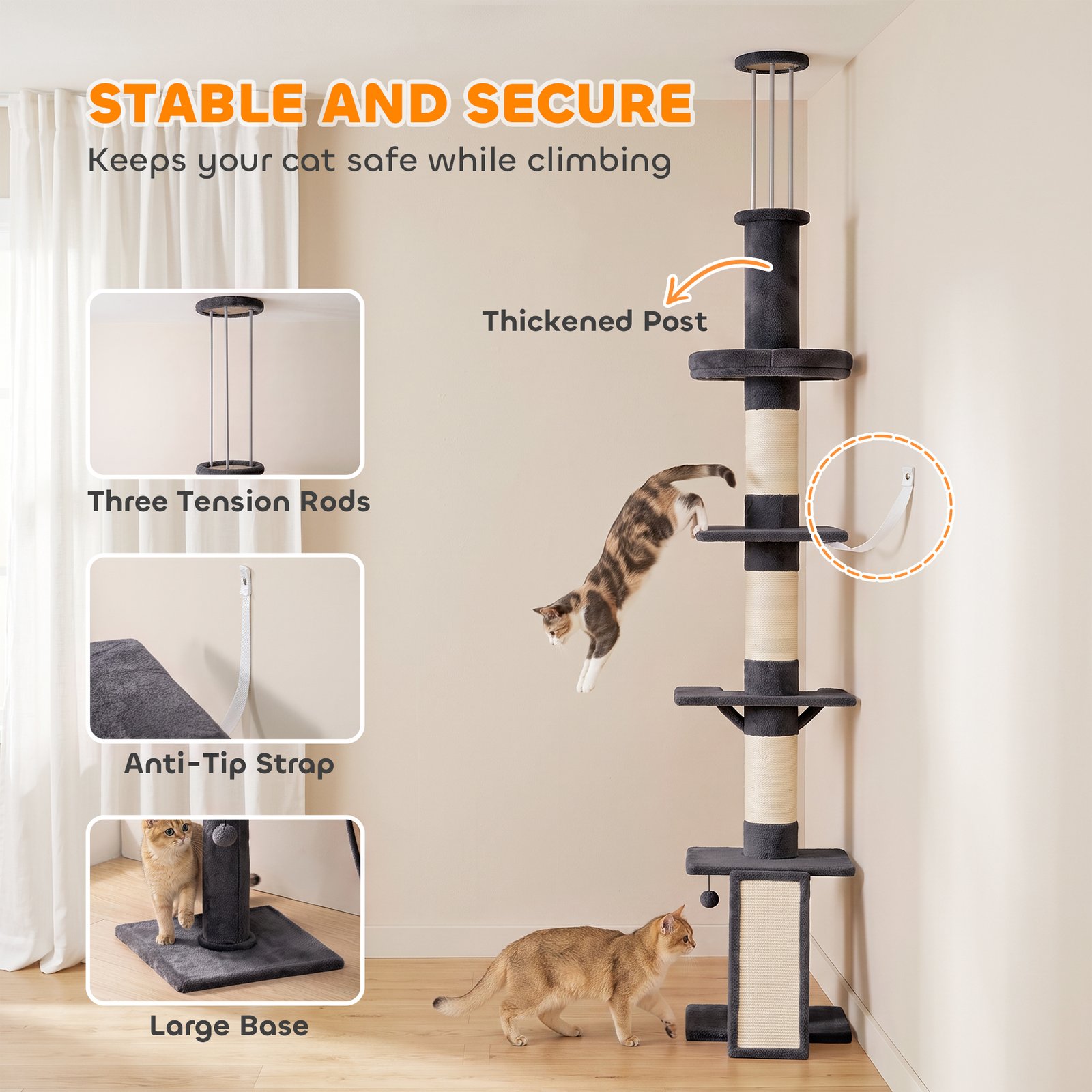Floor to Ceiling Cat Tree, 230-260 cm Adjustable 5-Level Cat Tower with 3 Top Tension Rods, Bed, Hammock, Dark Grey