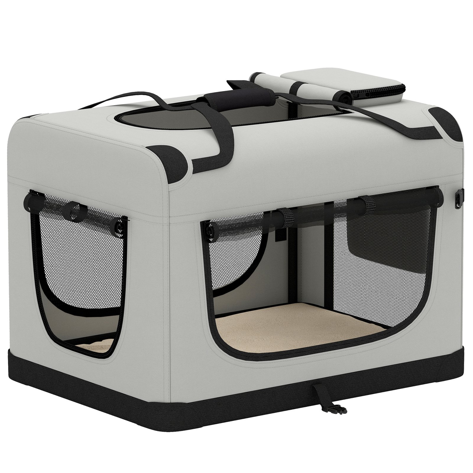 Pet Carrier Bag, Soft-Sided Dog Carrier with Security Buckle Strap, Washable Cushion and Folded Bowl, Light Grey