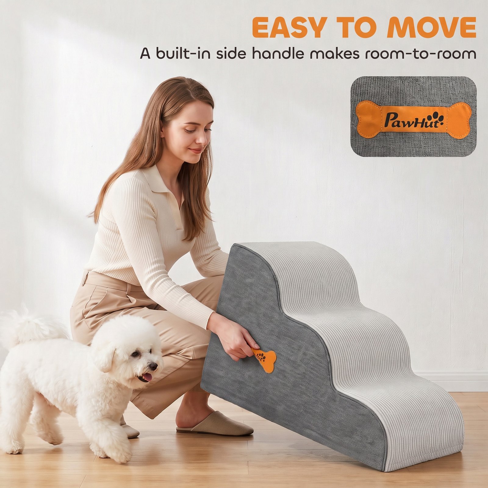 Dog Steps for Bed and Sofa, 3-Step Non-Slip Dog Stairs with Removable Washable Cover, Carry Handle, Light Grey