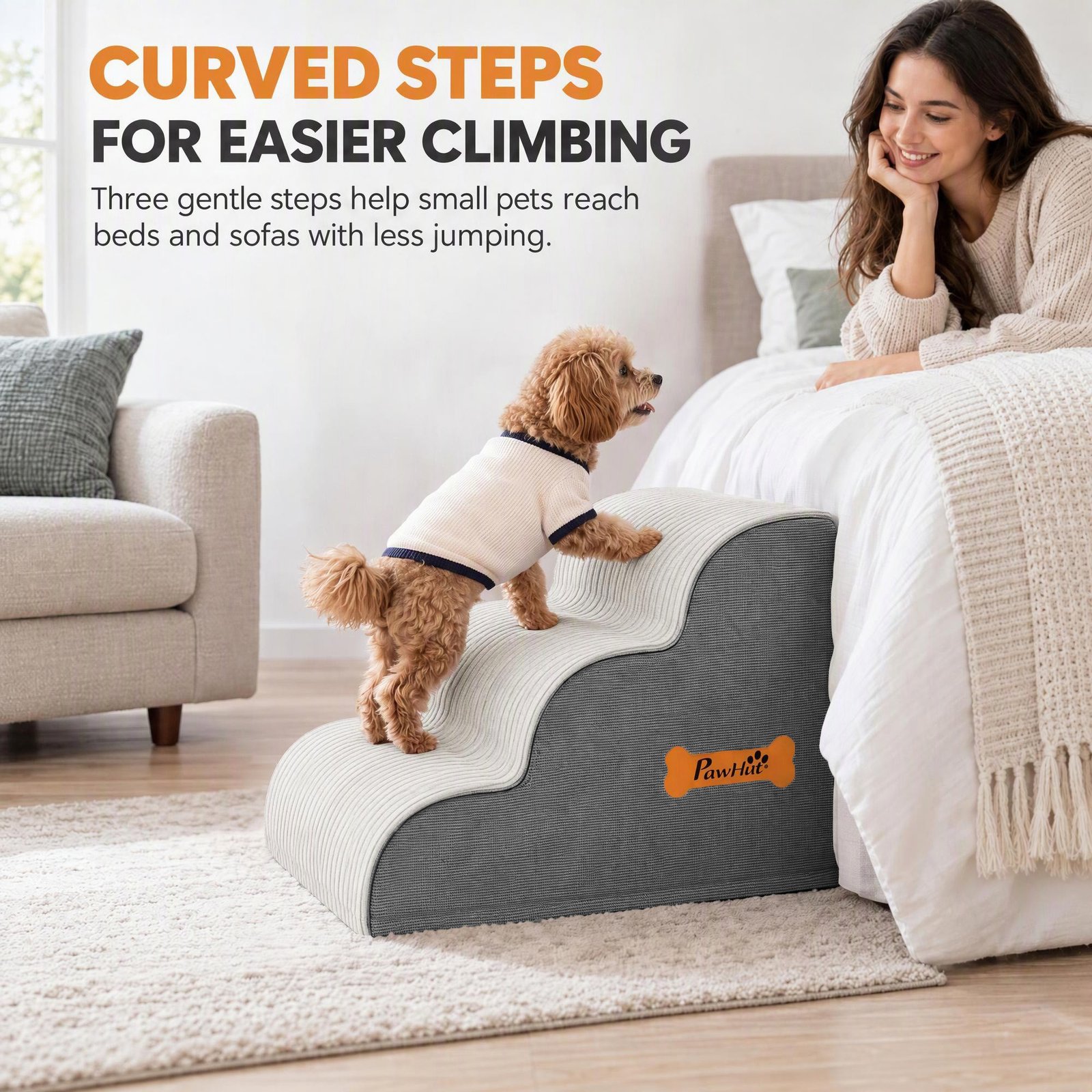Dog Steps for Bed and Sofa, 3-Step Non-Slip Dog Stairs with Removable Washable Cover, Carry Handle, Light Grey