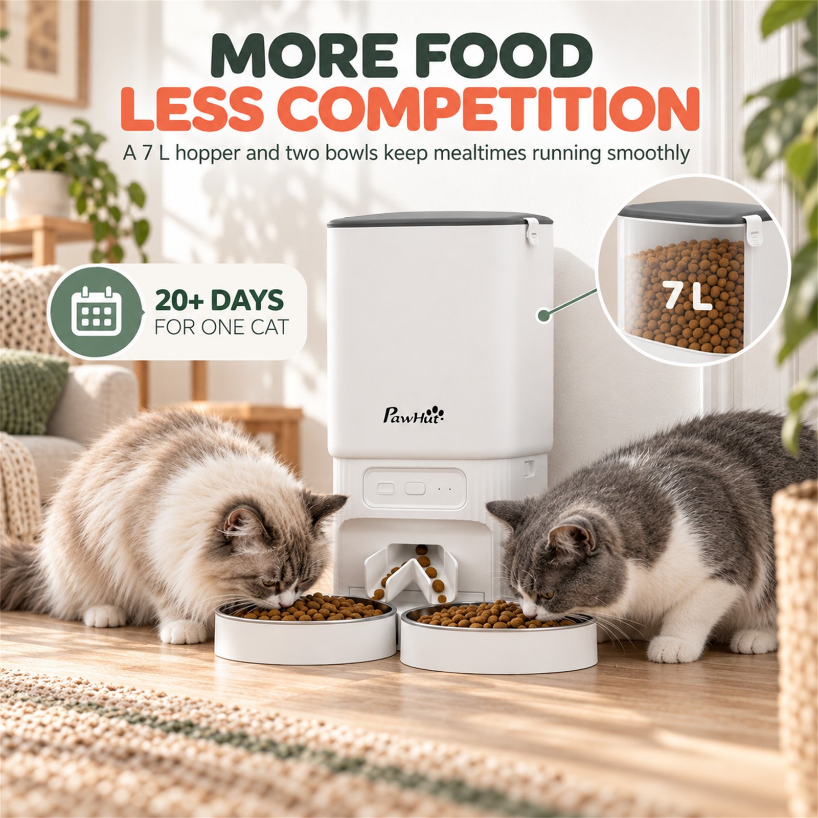 7L Automatic Cat Feeder with App Control, 2.4G/5G WiFi, Timer, 15 Meals/Day, Dual Power, 10s Voice Recording, Anti-Clog