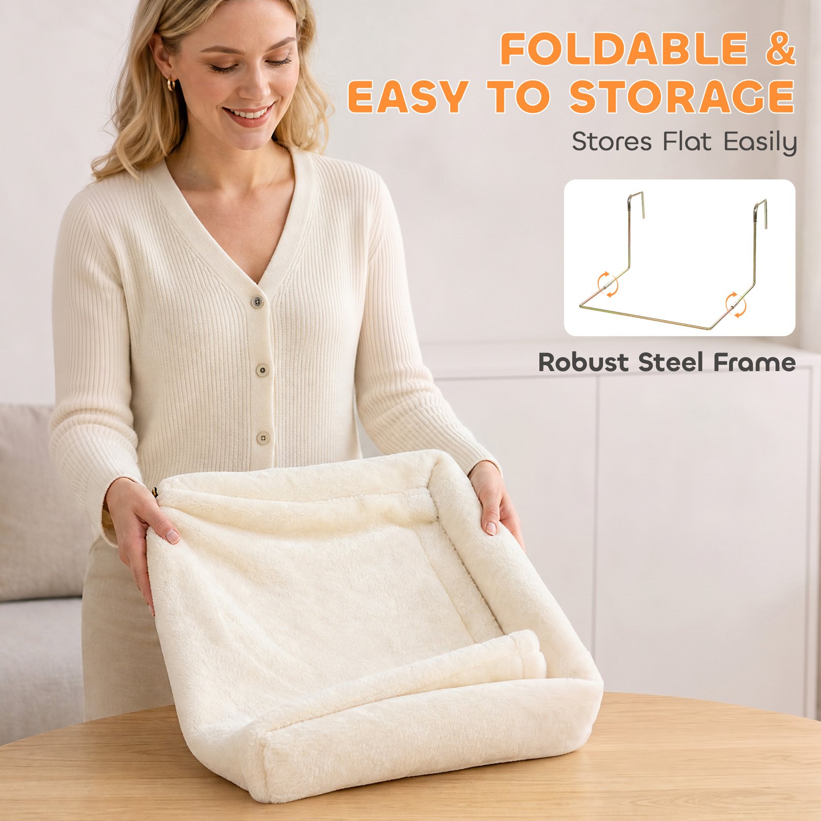 Cat Radiator Bed, Hanging Warm Hammock w/ Foldable Metal Frame, Removable Washable Cover, Cream