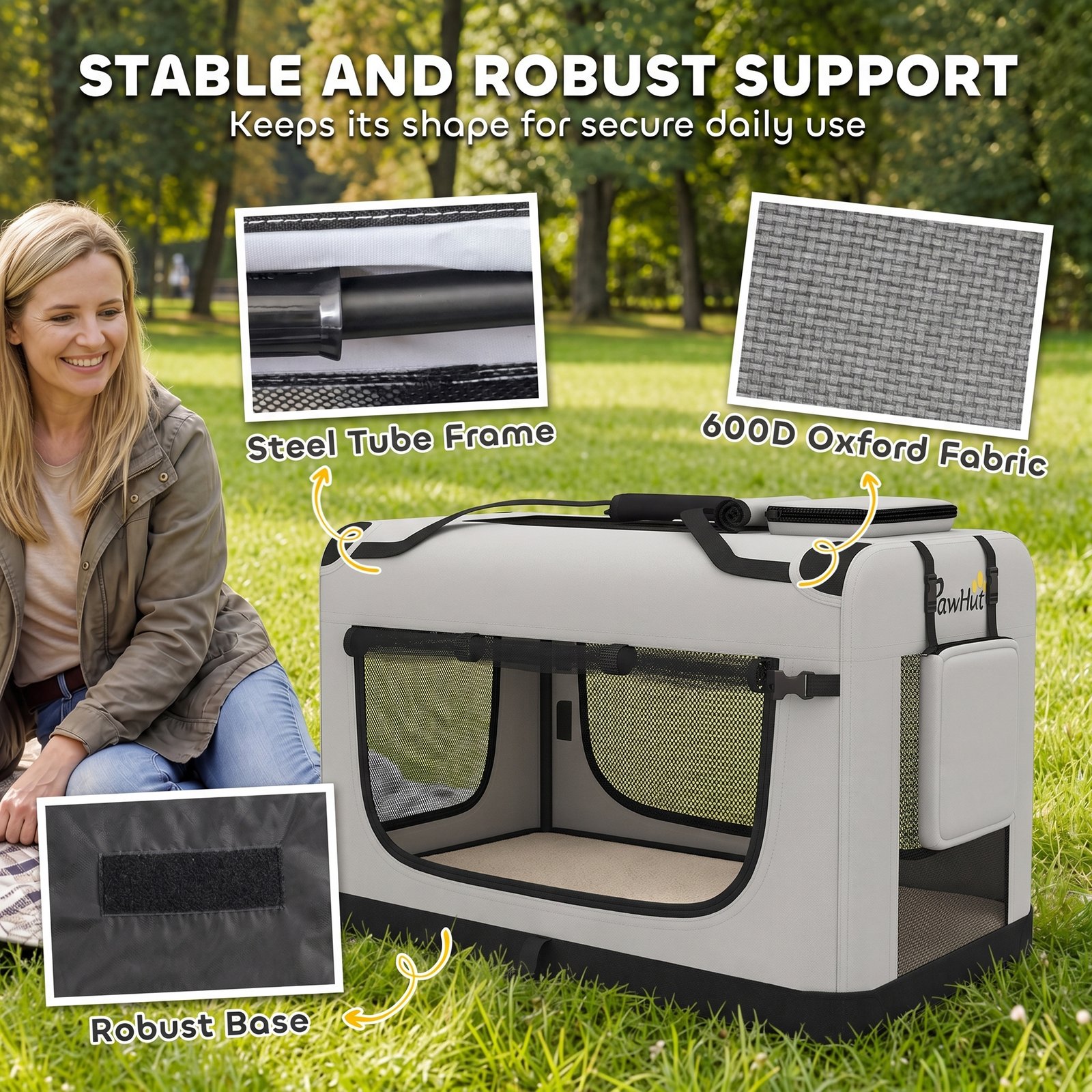 Pet Carrier Bag, Soft-Sided Dog Carrier with Security Buckle Strap, Washable Cushion and Folded Bowl, Light Grey