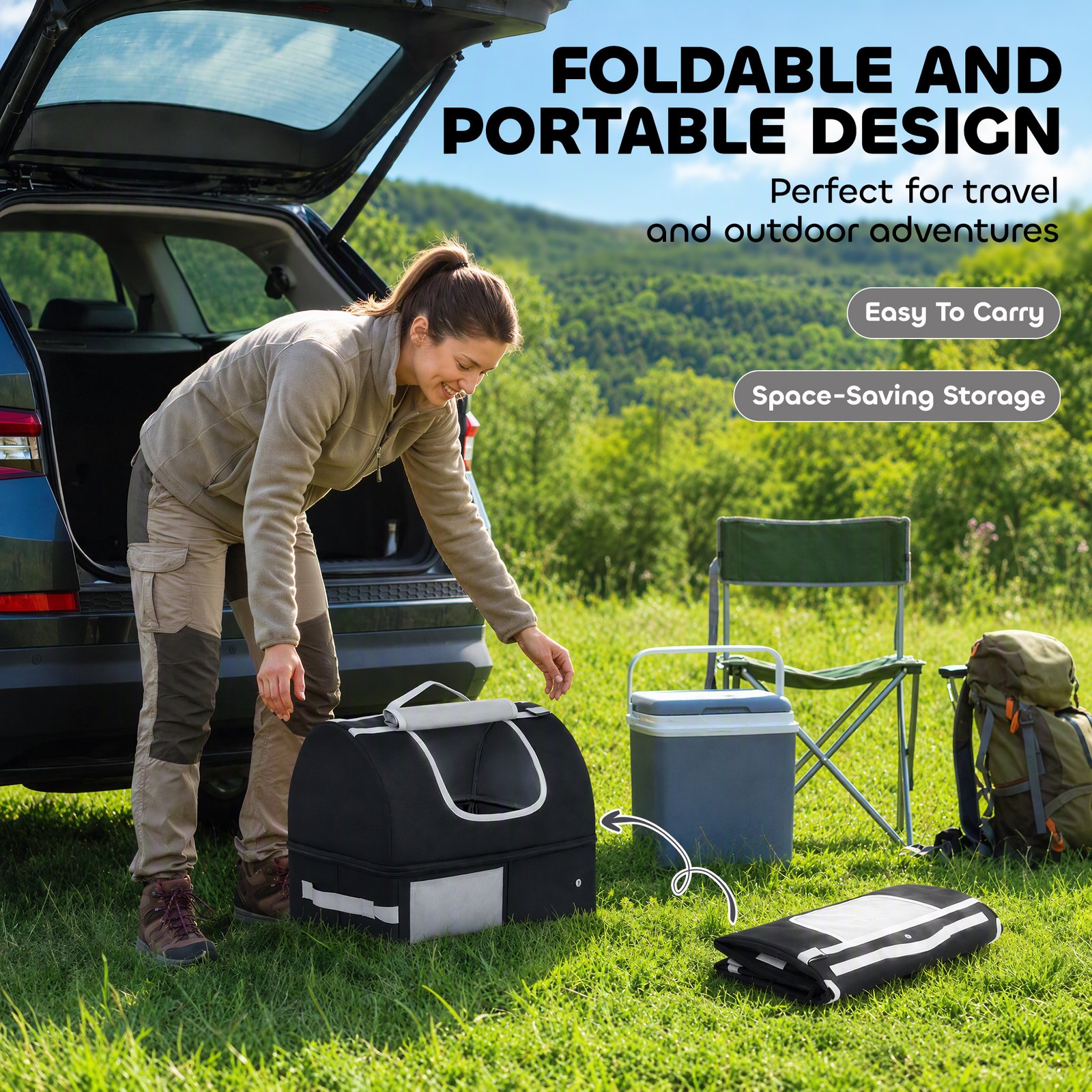 Portable Cat Litter Box with Zipper & Lid for Travel, Foldable Cat Travel Litter Tray, Black