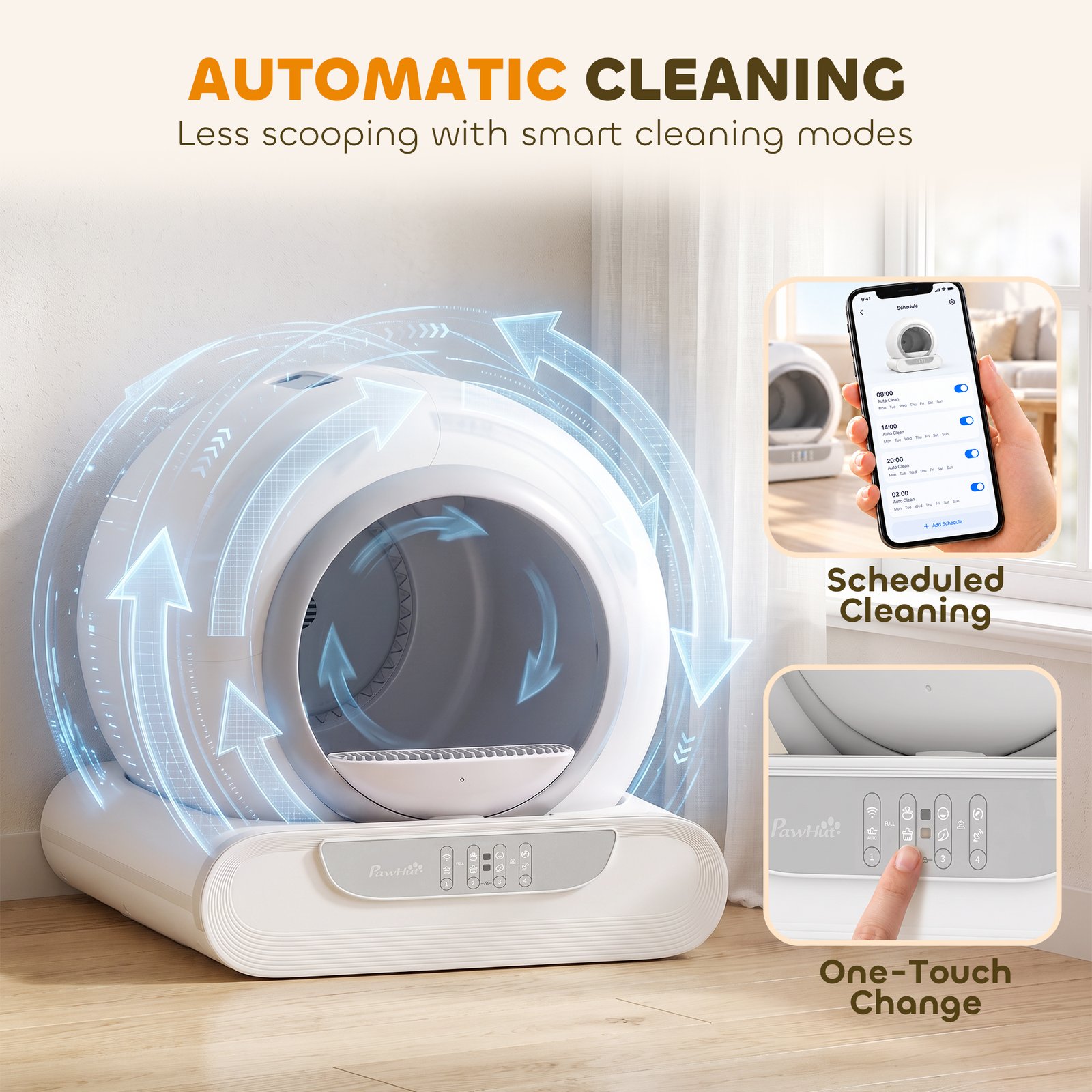 Self Cleaning Cat Litter Tray, Automatic Cat Litter Tray w/ APP Control, 65L Extra Large Capacity, 9L Waste Bin