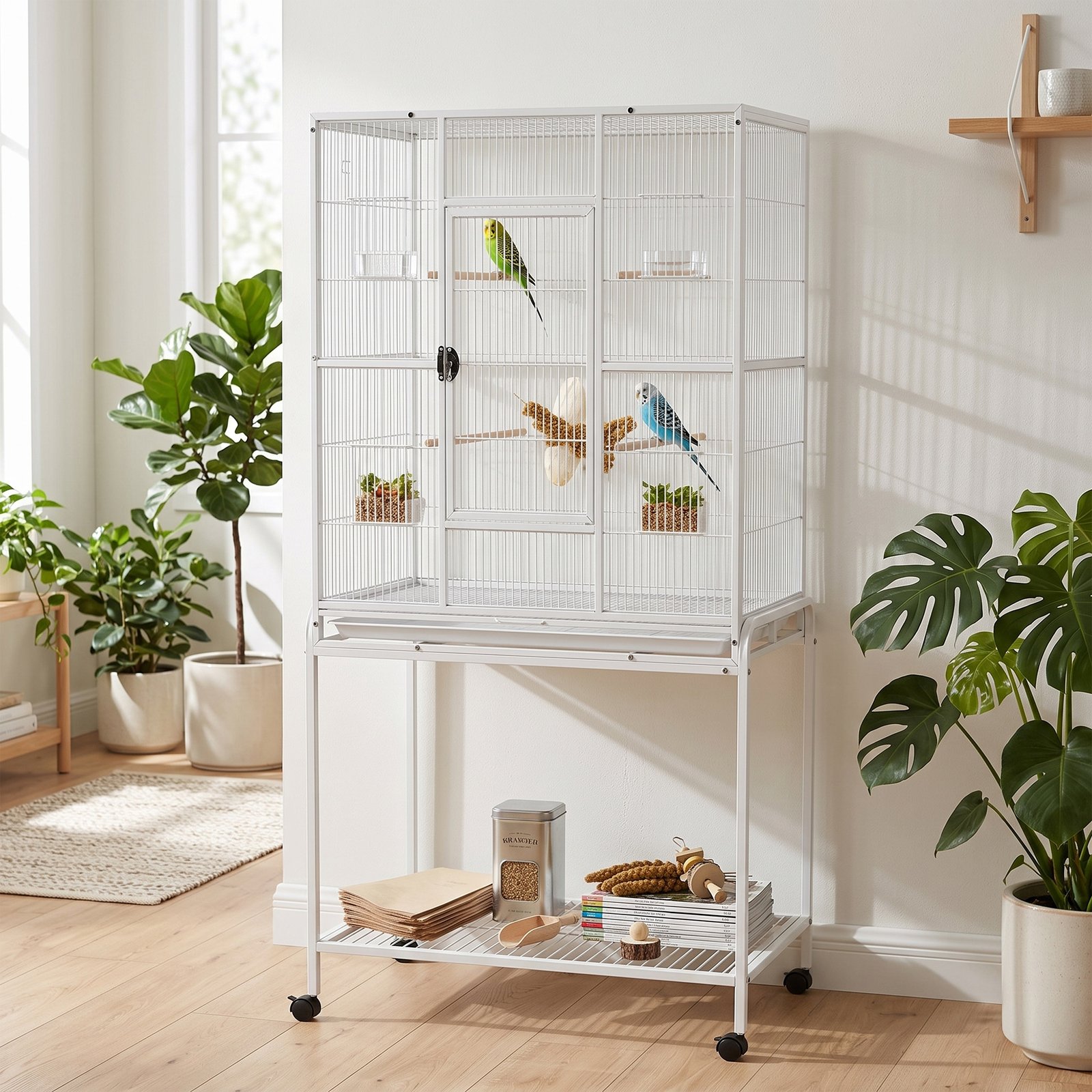 Large Bird Cage Budgie Cage with Stand, Storage Shelf, Wood Perch for Parrot, 81 x 48 x 162.5 cm, White