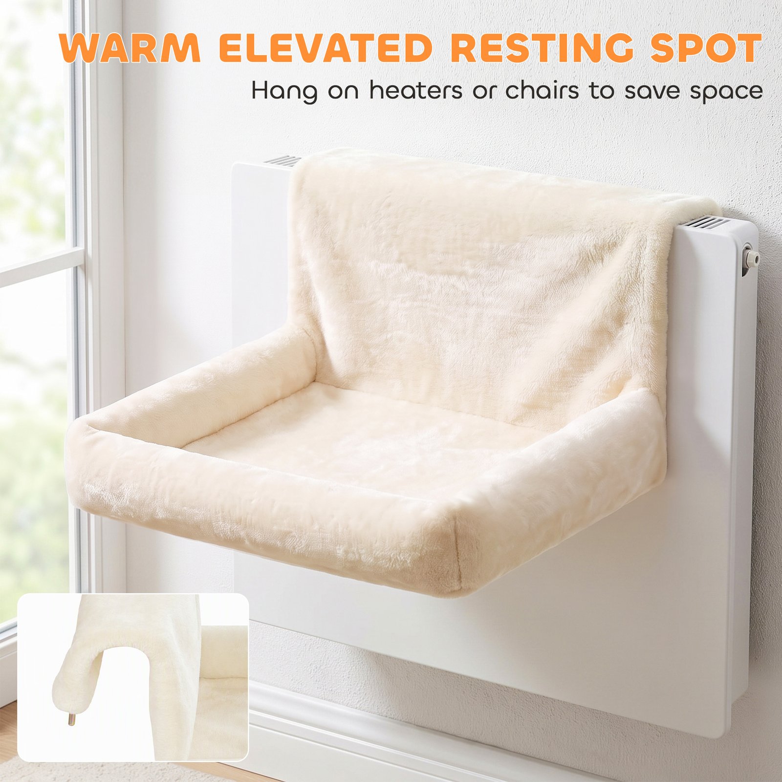 Cat Radiator Bed, Hanging Warm Hammock w/ Foldable Metal Frame, Removable Washable Cover, Cream