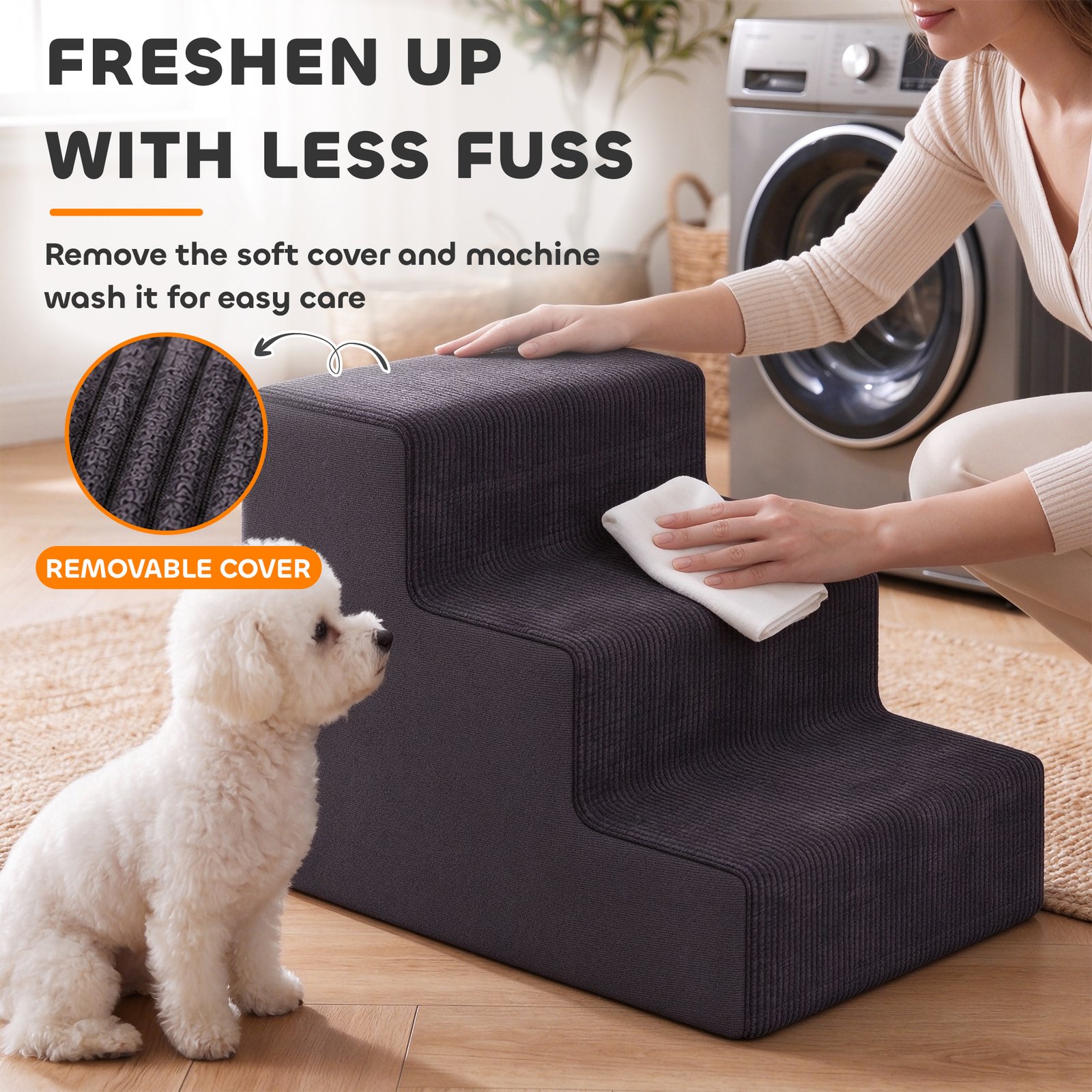 Dog Steps, 3-Step Dog Stairs for Bed and Sofa, Pet Stairs with Carry Handle, Washable Cover