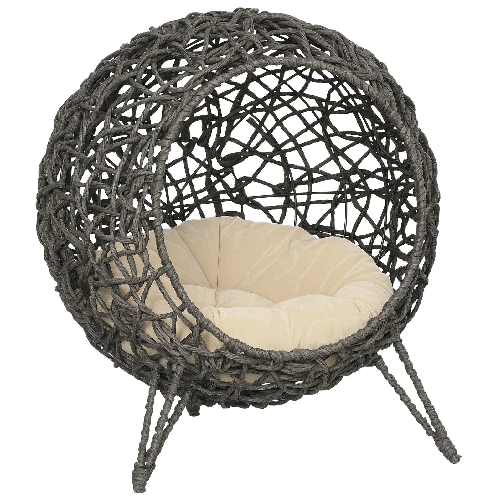 Raised Rattan Cat House, with Cushion - Silver-Tone & Grey