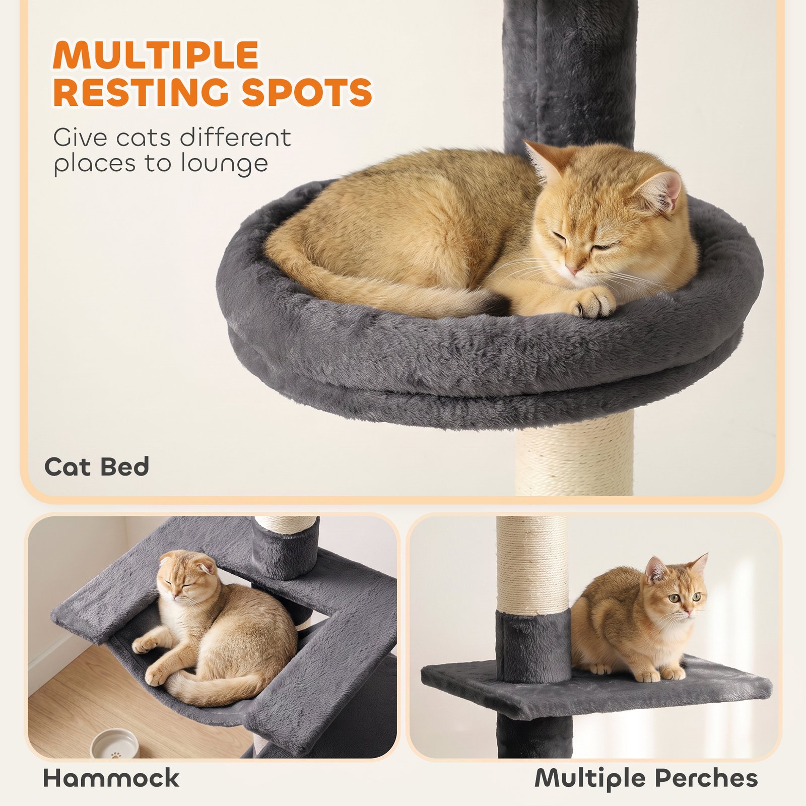 Floor to Ceiling Cat Tree, 230-260 cm Adjustable 5-Level Cat Tower with 3 Top Tension Rods, Bed, Hammock, Dark Grey