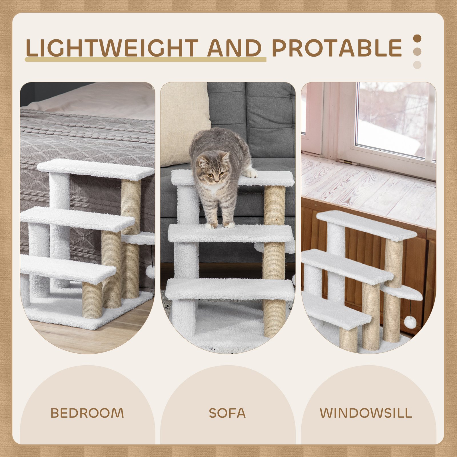 Pet Stair with 3-step Climb Ladder, Scratching Posts, Platforms, Toy Ball, for Indoor Elderly Cats Kittens, White