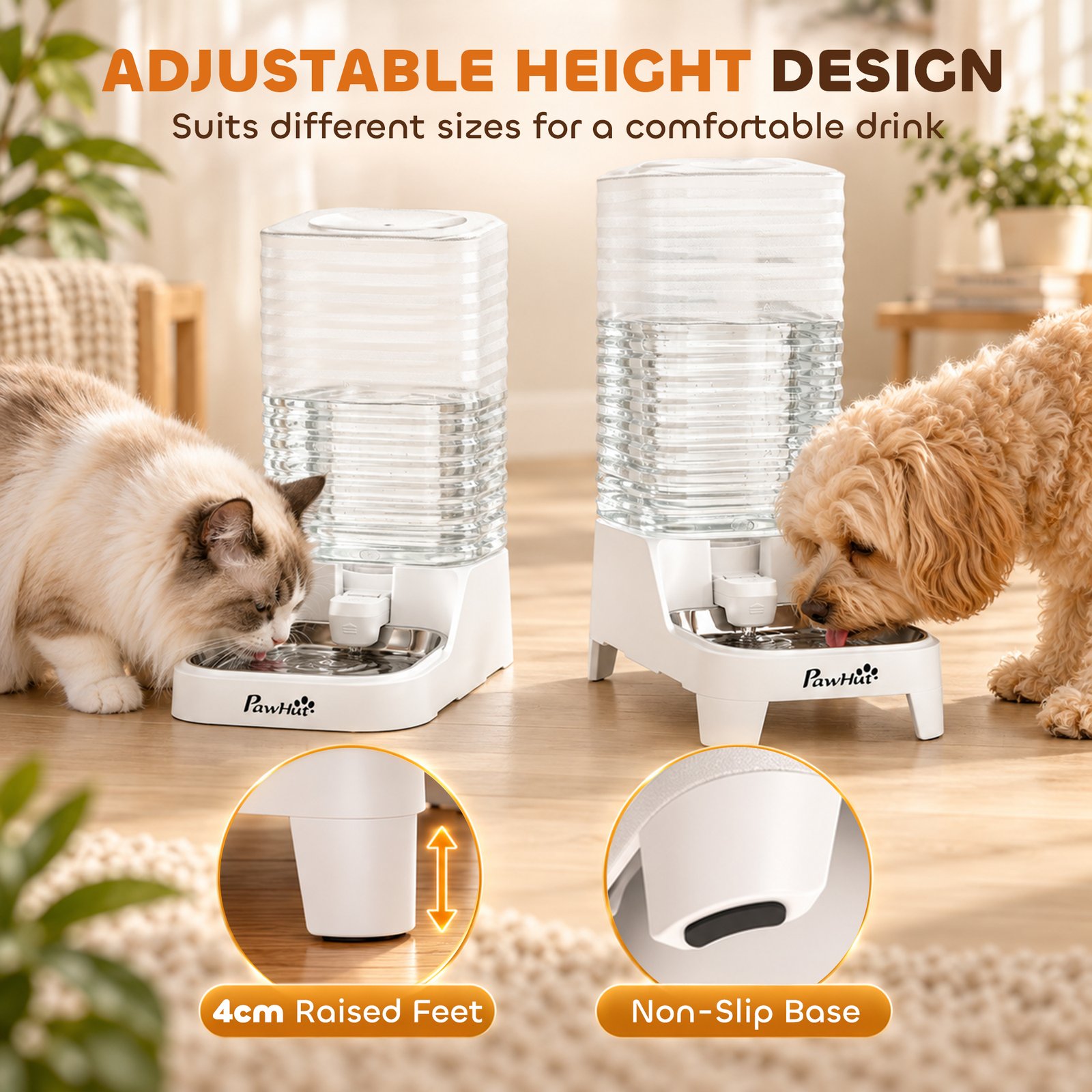Automatic Pet Water Dispenser, 8L Gravity Dog Water Dispenser with Patented Tap, Stainless Steel Bowl, White