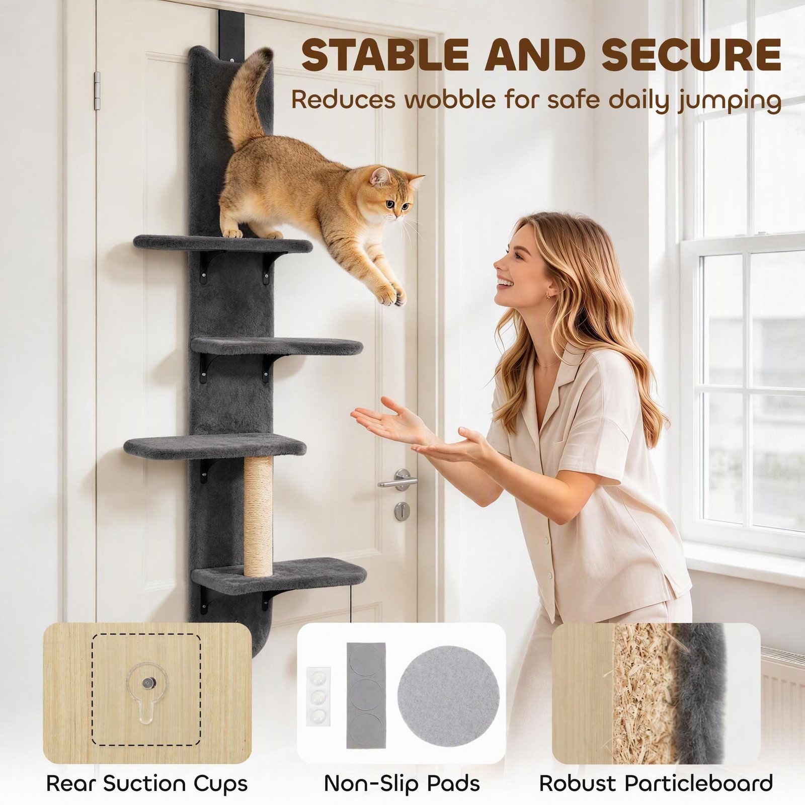 Door Hanging Cat Shelf, 4-Level Over Door Cat Climber with Platforms, Scratching Post and Hanging Ball, Dark Grey