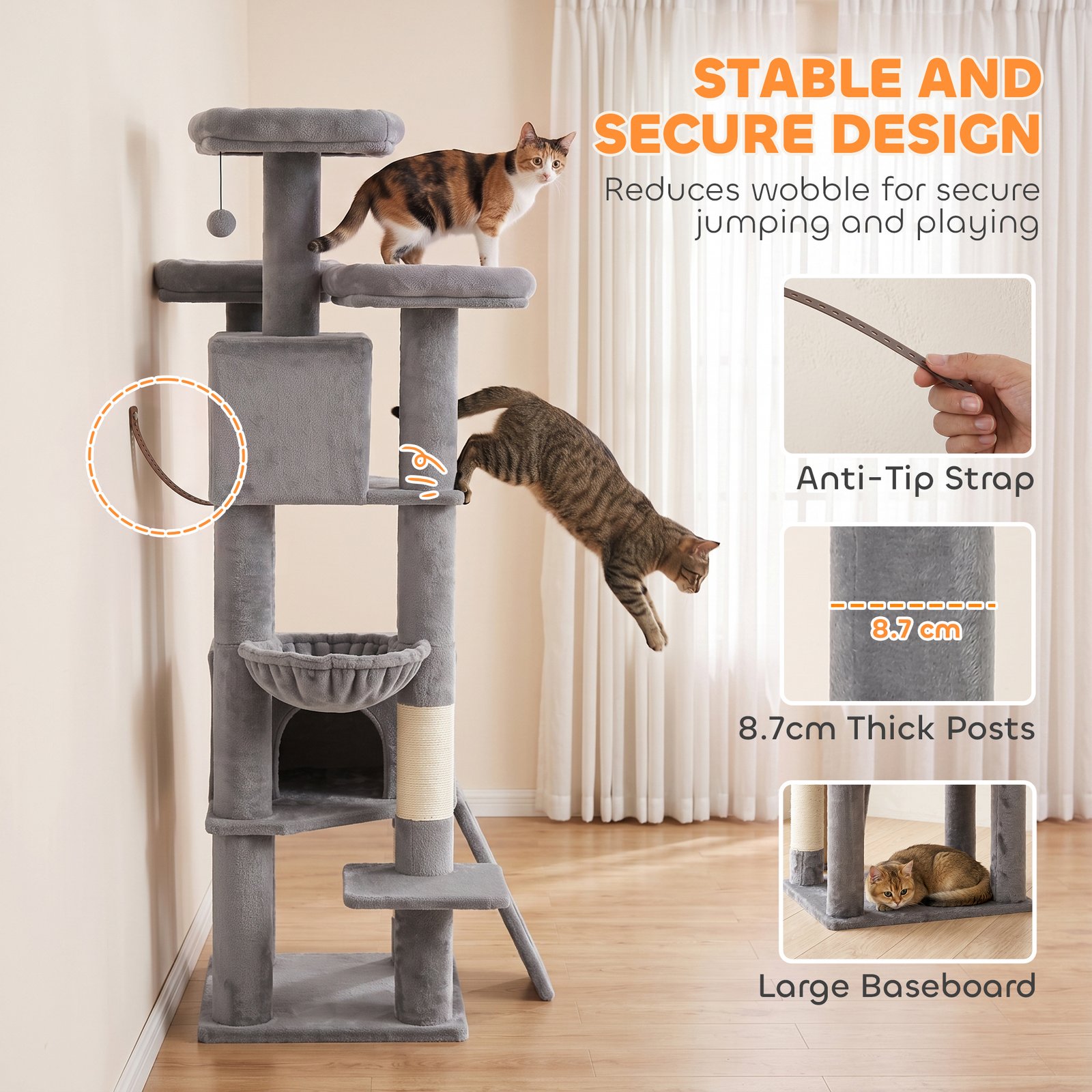 184cm Large Cat Tree for Indoor Cats, Multi-Level Tall Kitty Tower with 3 Scratching Posts, 2 Condos, 3 Padded Beds