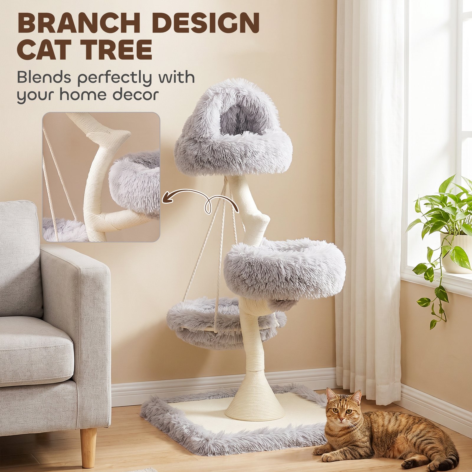 115 cm Modern Cat Tree Tower for Large Cats with Sisal Scratching Post, Holds 1 Cat up to 6kg, Machine-Washable Beds - Image 4