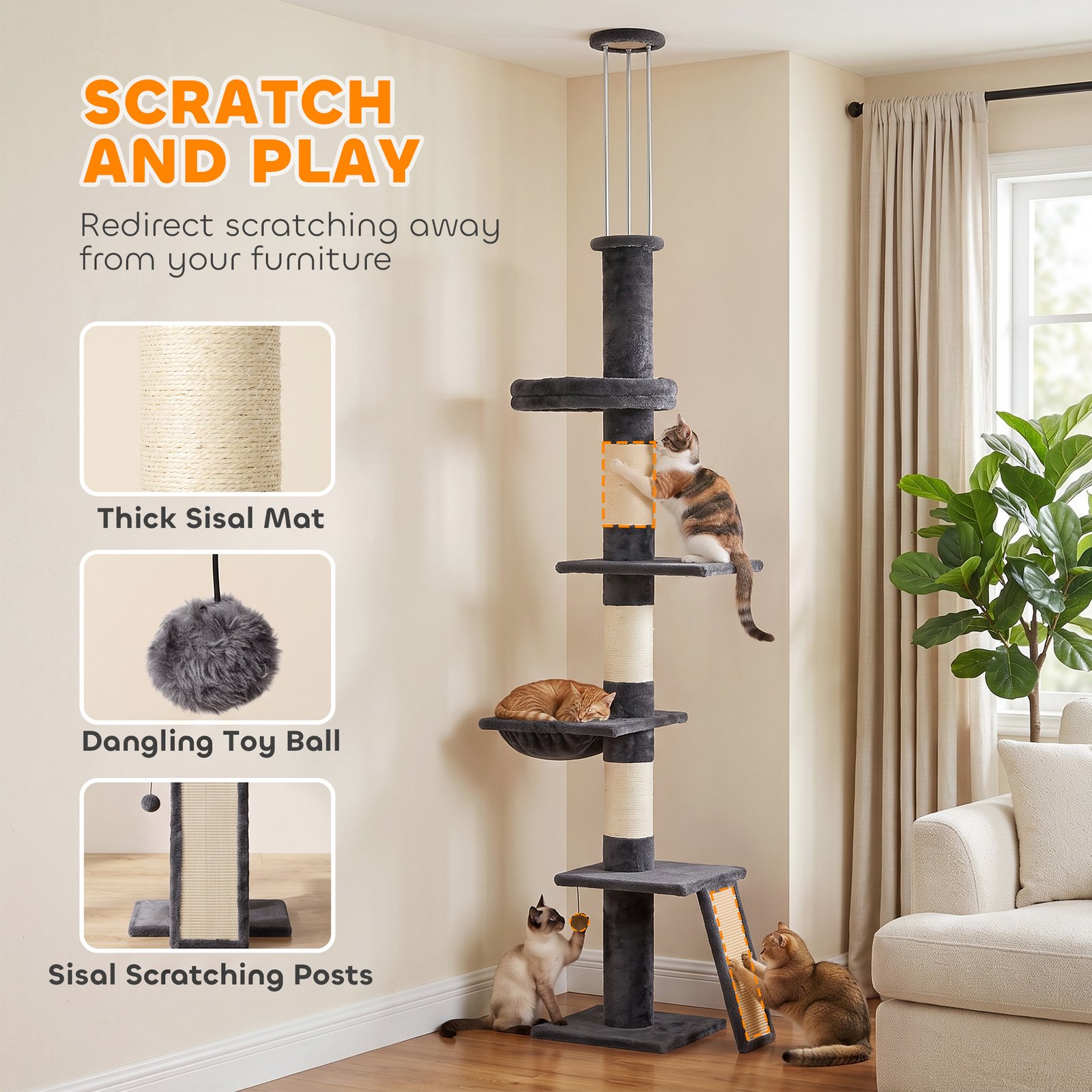 Floor to Ceiling Cat Tree, 230-260 cm Adjustable 5-Level Cat Tower with 3 Top Tension Rods, Bed, Hammock, Dark Grey