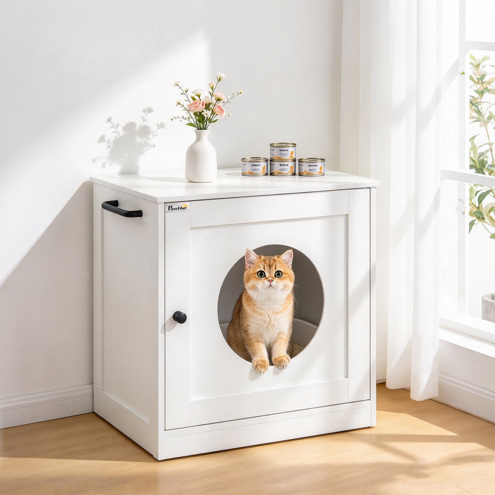 Cat Litter Box Enclosure, Hidden Litter Box Furniture with Side Hook, Wooden Cat Washroom Storage Cabinet, White