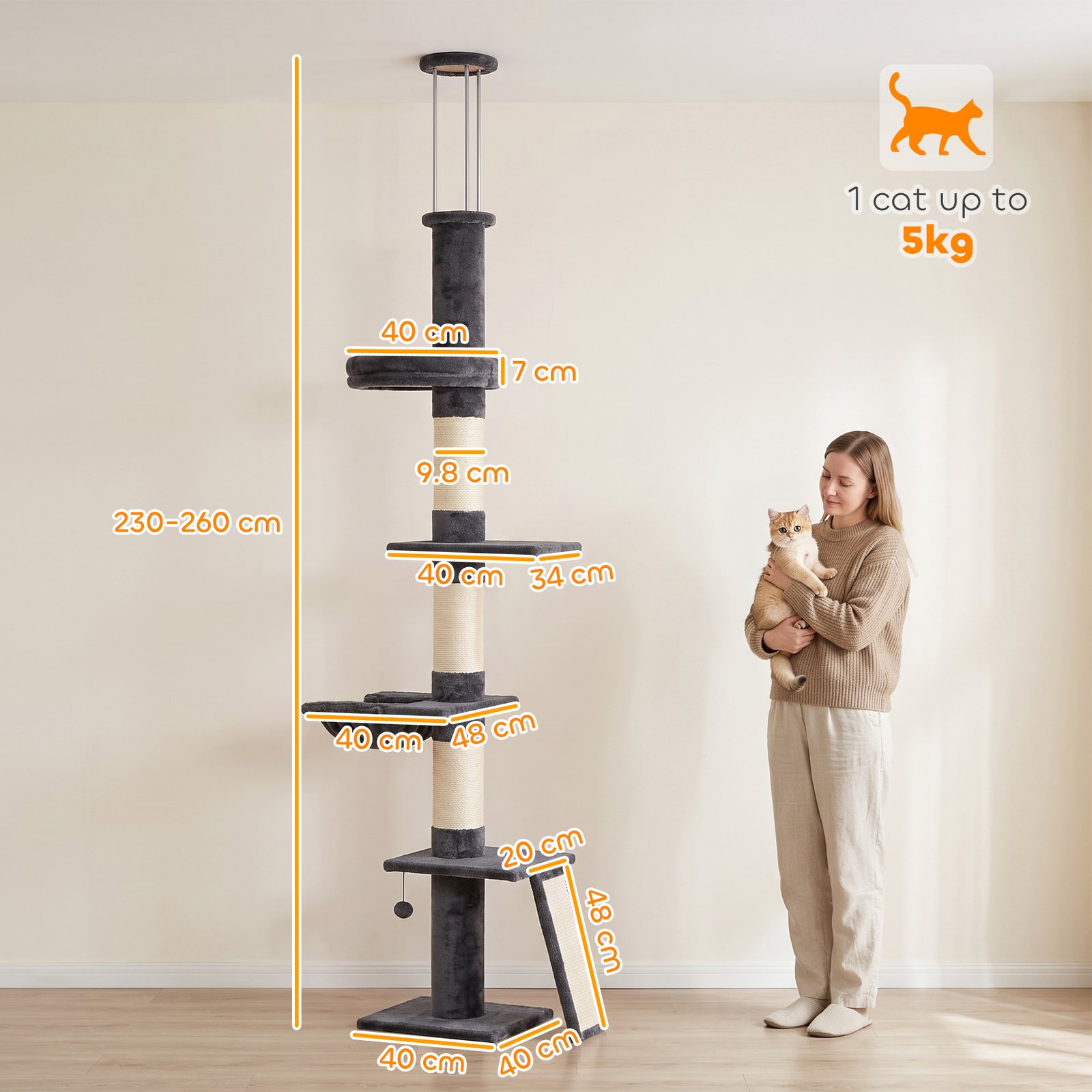 Floor to Ceiling Cat Tree, 230-260 cm Adjustable 5-Level Cat Tower with 3 Top Tension Rods, Bed, Hammock, Dark Grey