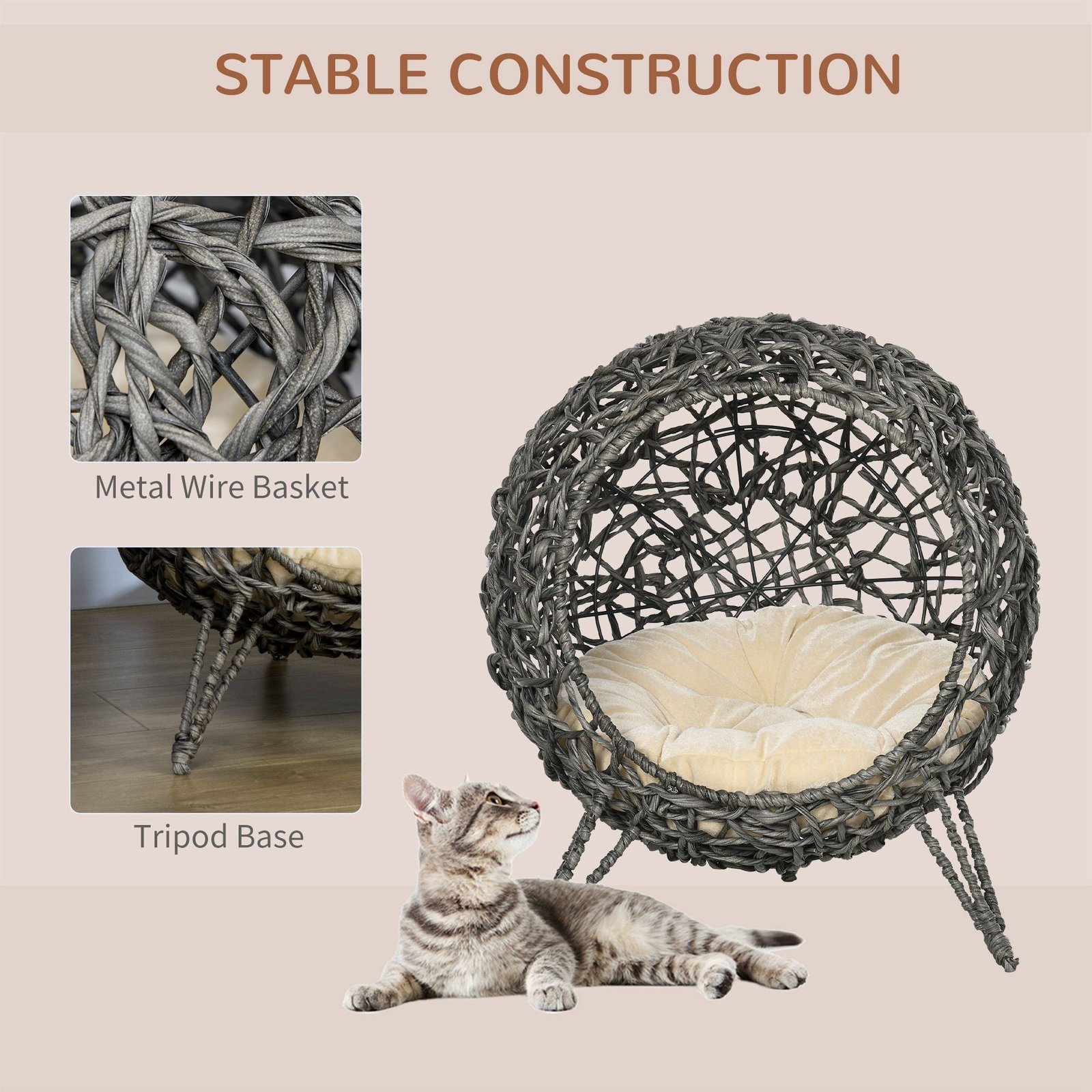 Raised Rattan Cat House, with Cushion - Silver-Tone & Grey