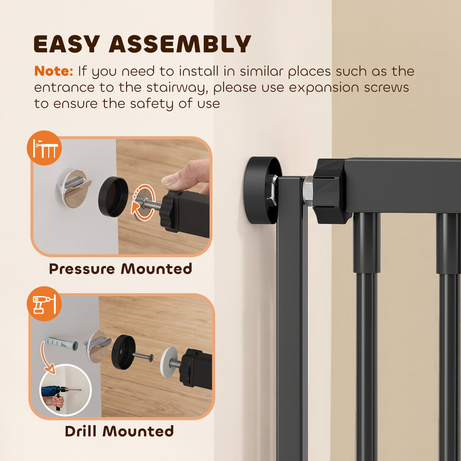 180cm Extra Tall Cat Gate, Adjustable Pet Gate with 74-100 cm Wide, Pressure Fit, Pull-Ring Latch, Black