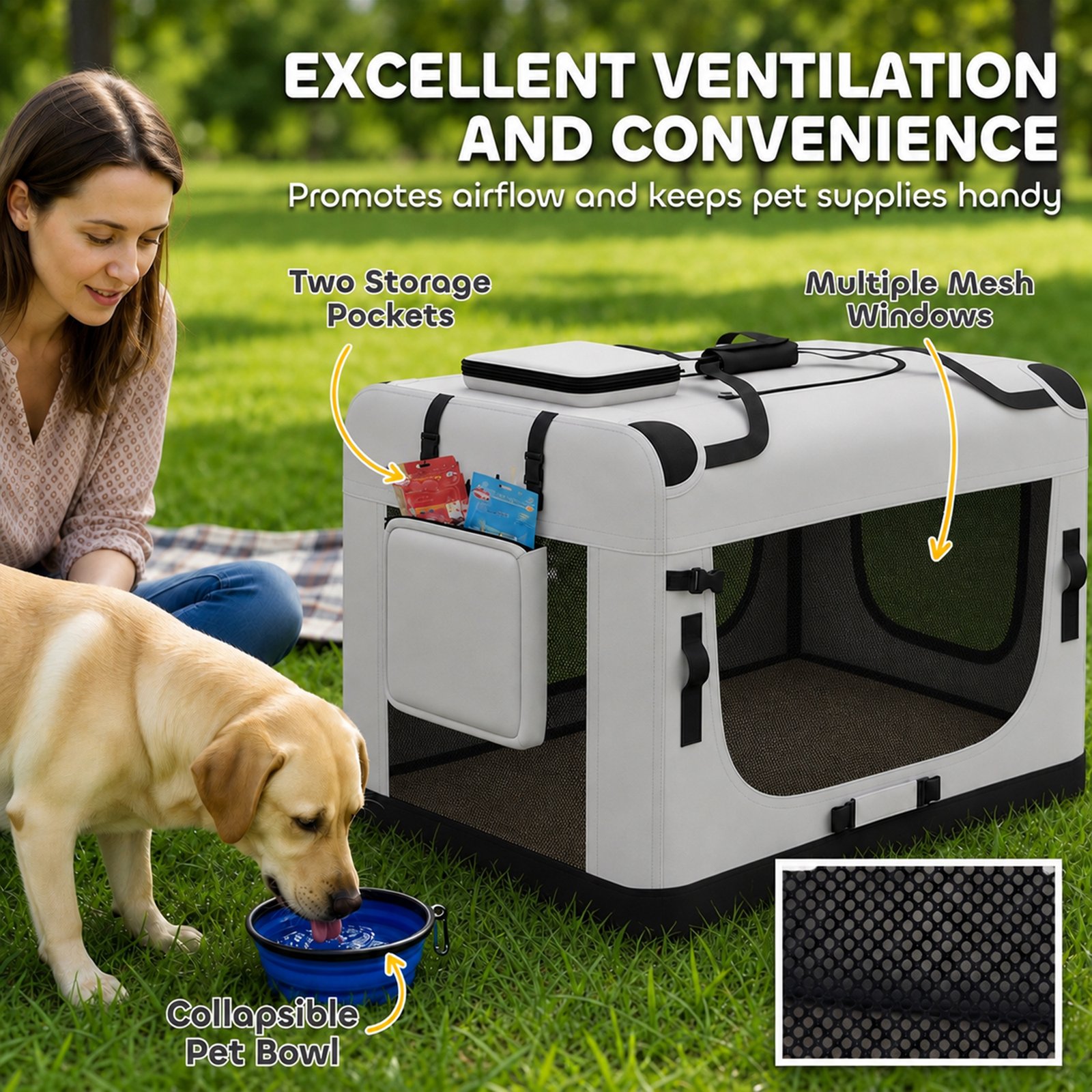 Pet Carrier Bag, Soft-Sided Dog Carrier with Security Buckle Strap, Washable Cushion and Folded Bowl, Light Grey