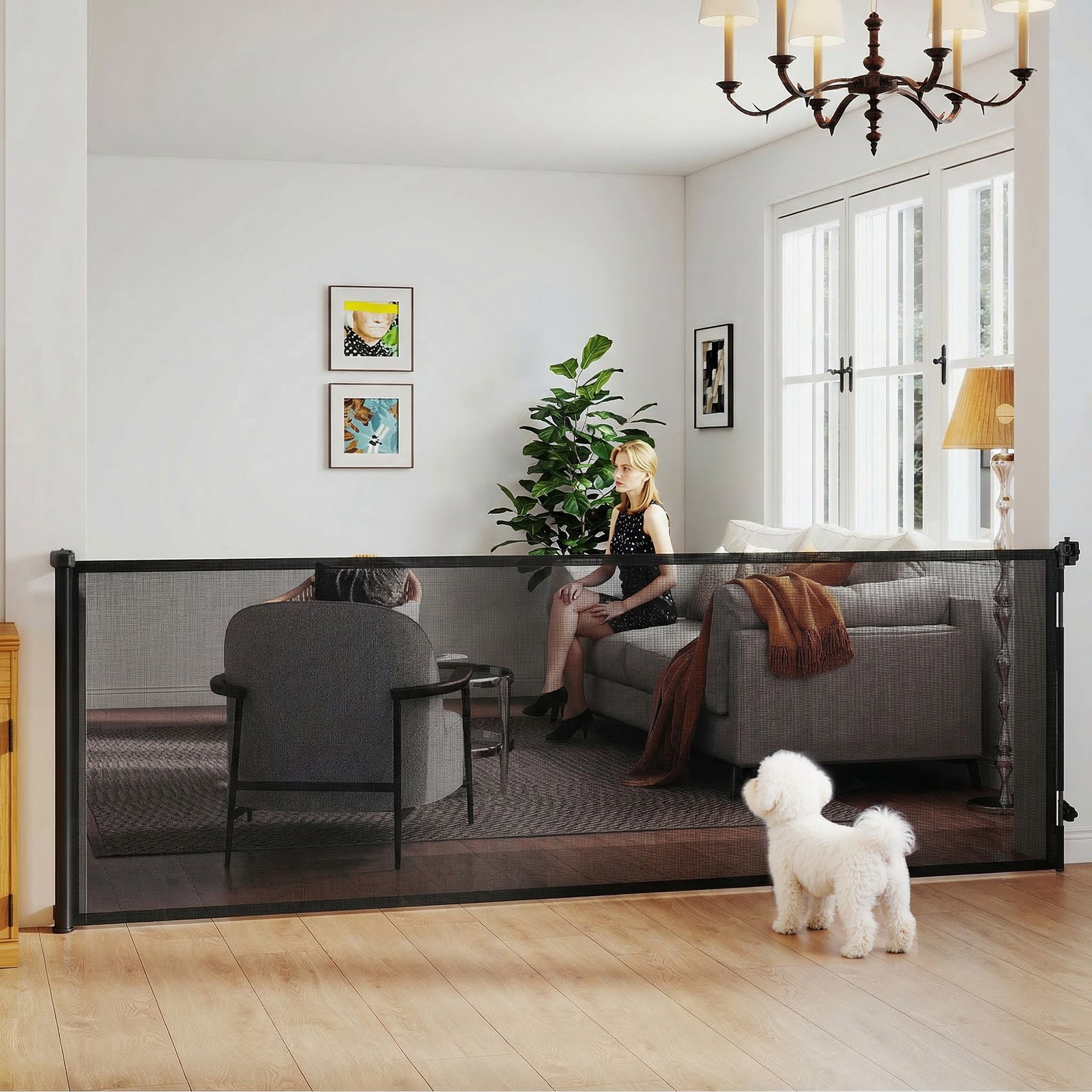 Retractable Dog Gate, Extends to 300 cm Wide & 104 cm Tall, Mesh Pet Gate Single Hand Operation, for Stairs Doorways