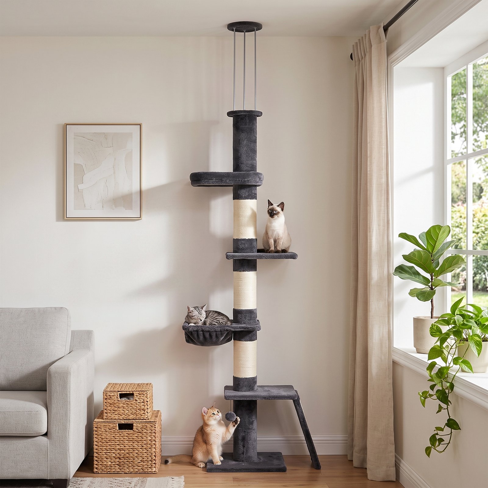 Floor to Ceiling Cat Tree, 230-260 cm Adjustable 5-Level Cat Tower with 3 Top Tension Rods, Bed, Hammock, Dark Grey
