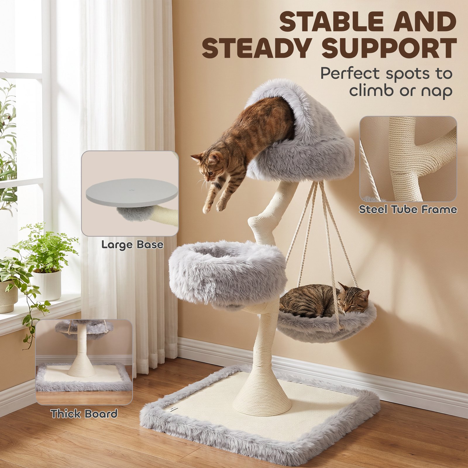 115 cm Modern Cat Tree Tower for Large Cats with Sisal Scratching Post, Holds 1 Cat up to 6kg, Machine-Washable Beds - Image 7