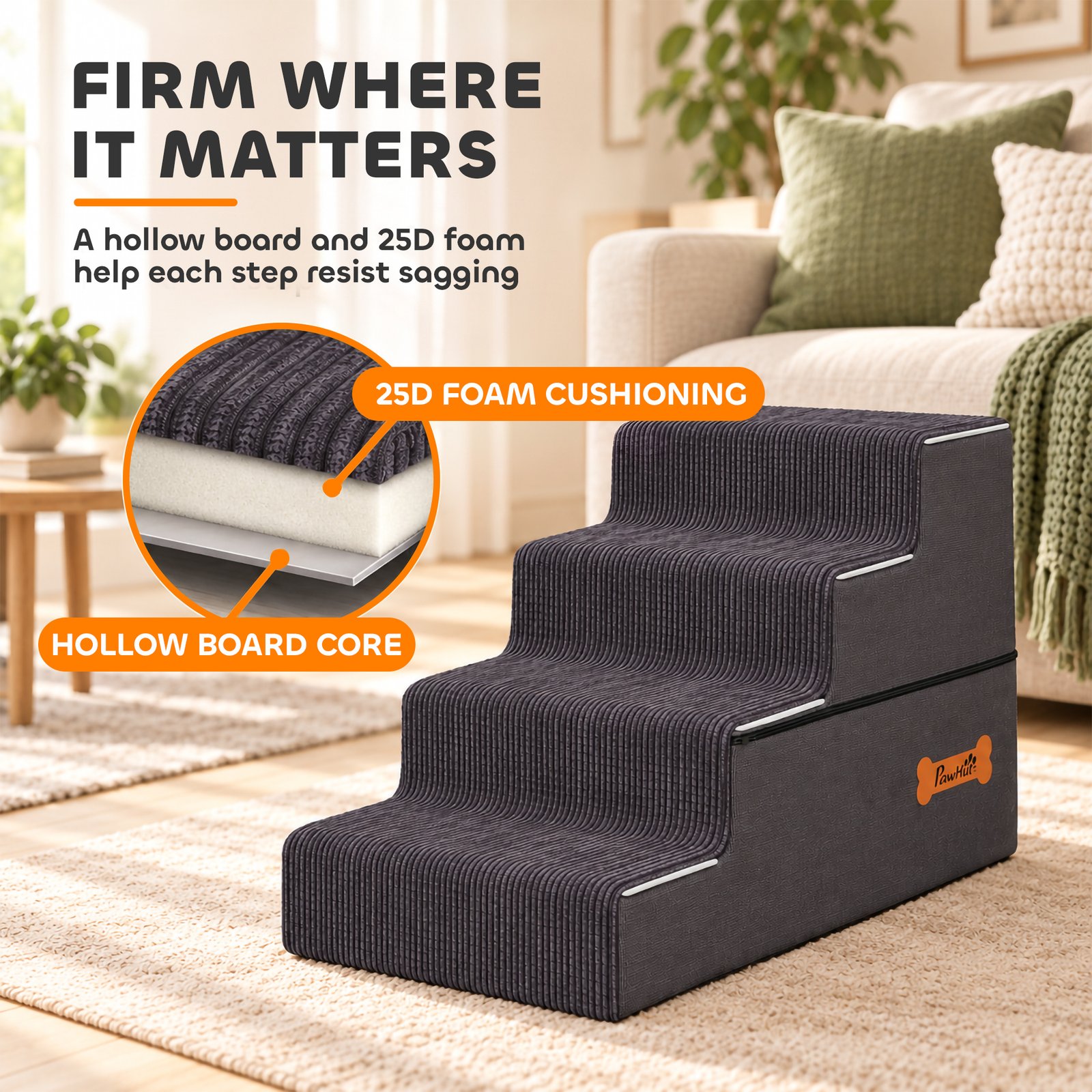 Dog Steps, 4-Step Dog Stairs for Bed and Sofa, Pet Stairs with Carry Handle, Washable Cover