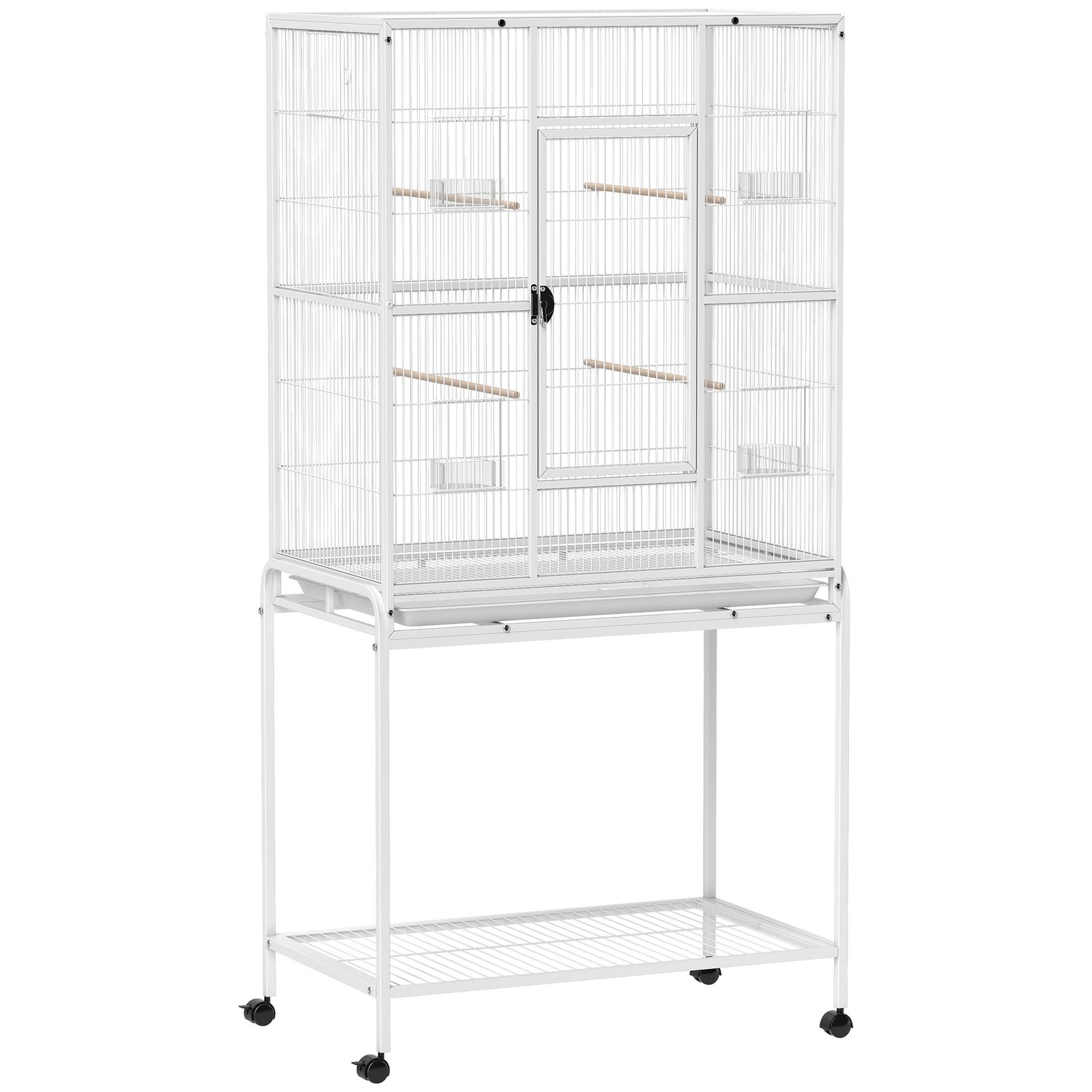 Large Bird Cage Budgie Cage with Stand, Storage Shelf, Wood Perch for Parrot, 81 x 48 x 162.5 cm, White