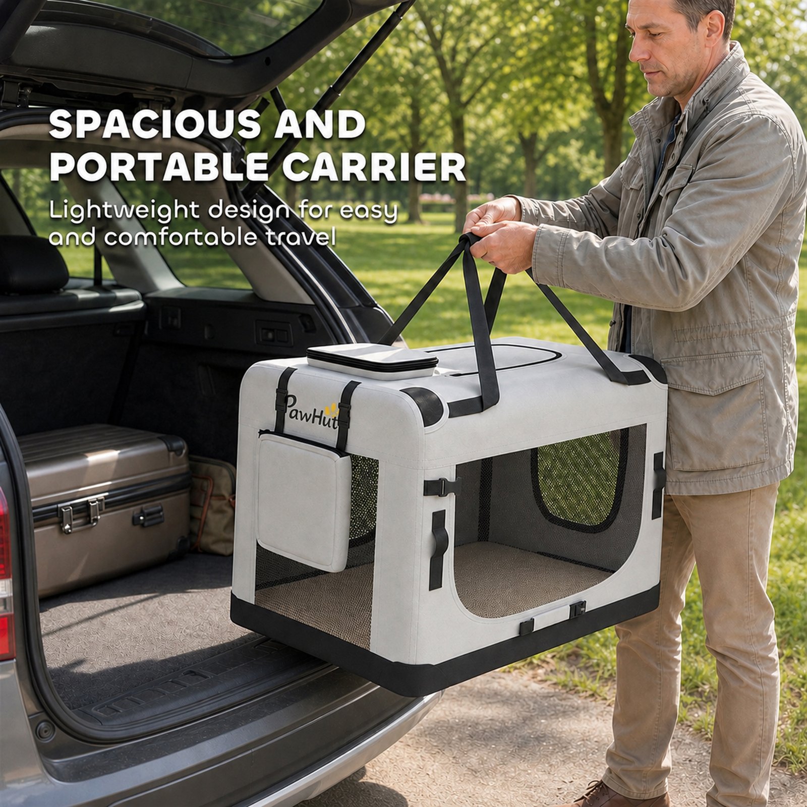 Pet Carrier Bag, Soft-Sided Dog Carrier with Security Buckle Strap, Washable Cushion and Folded Bowl, Light Grey