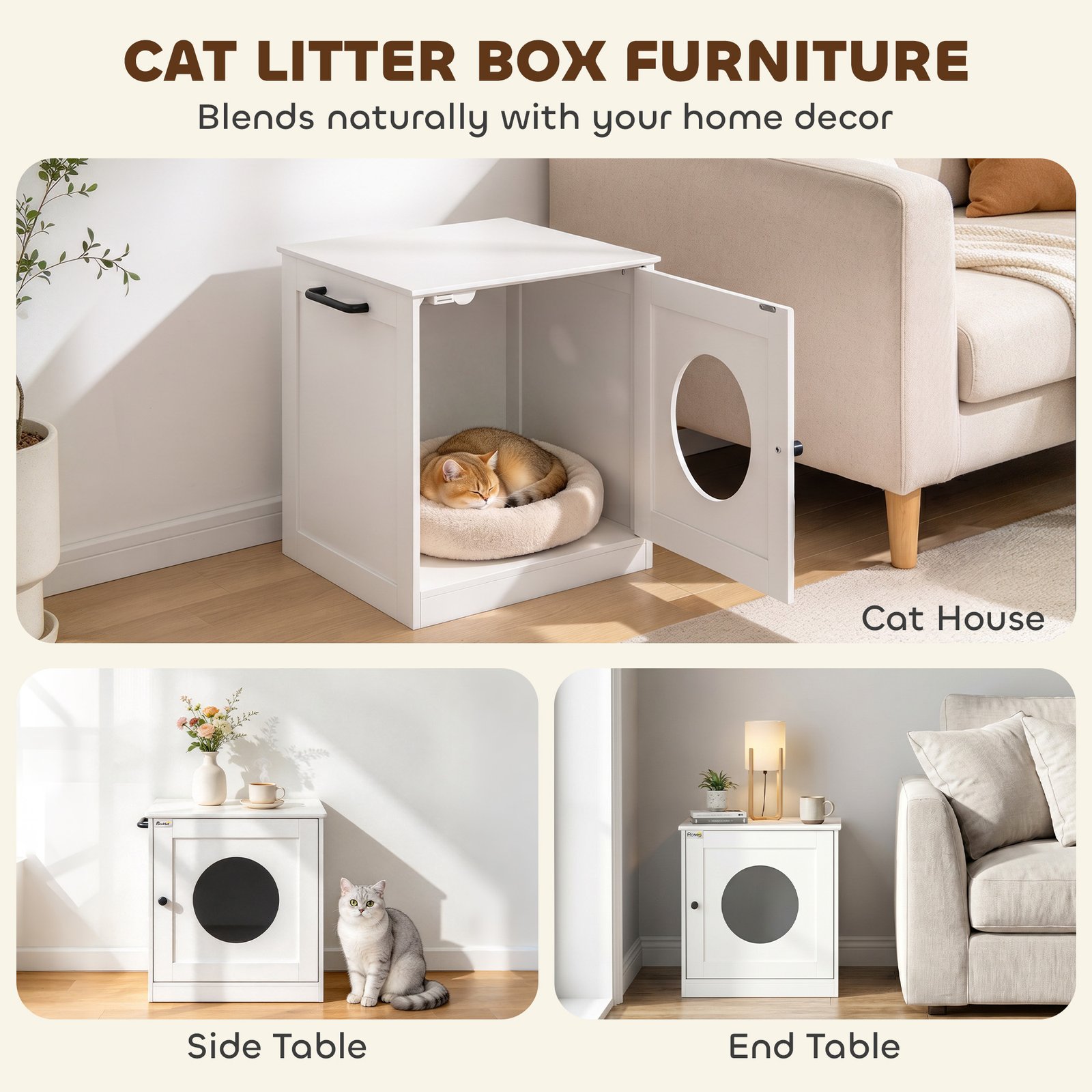 Cat Litter Box Enclosure, Hidden Litter Box Furniture with Side Hook, Wooden Cat Washroom Storage Cabinet, White